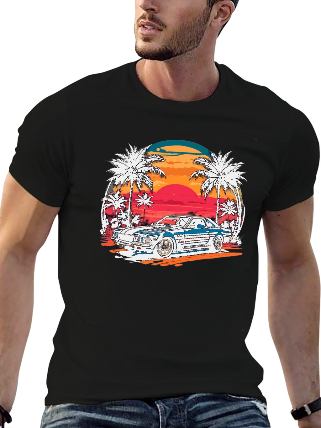Retro Sunset Car Graphic T-Shirt