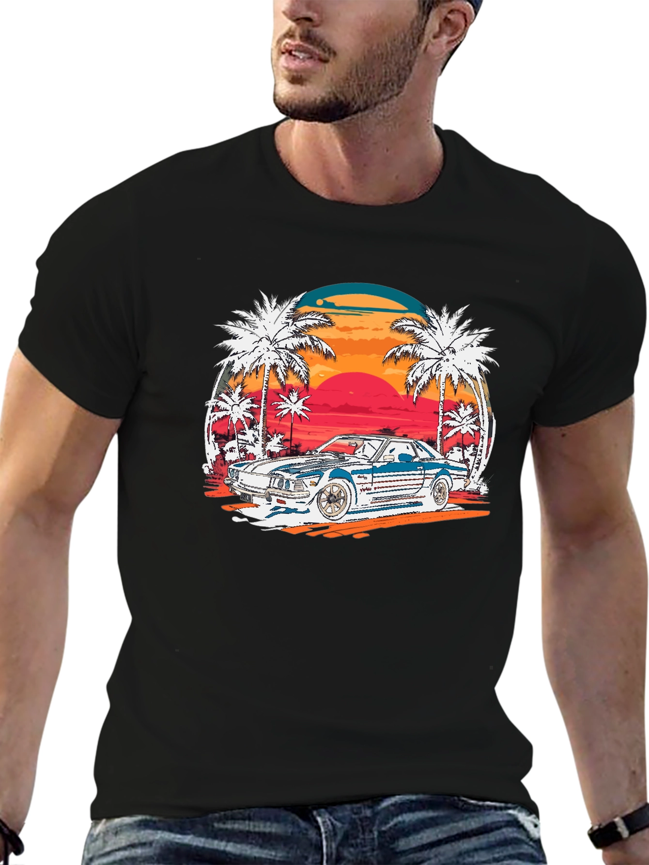 Retro Sunset Car Graphic T-Shirt