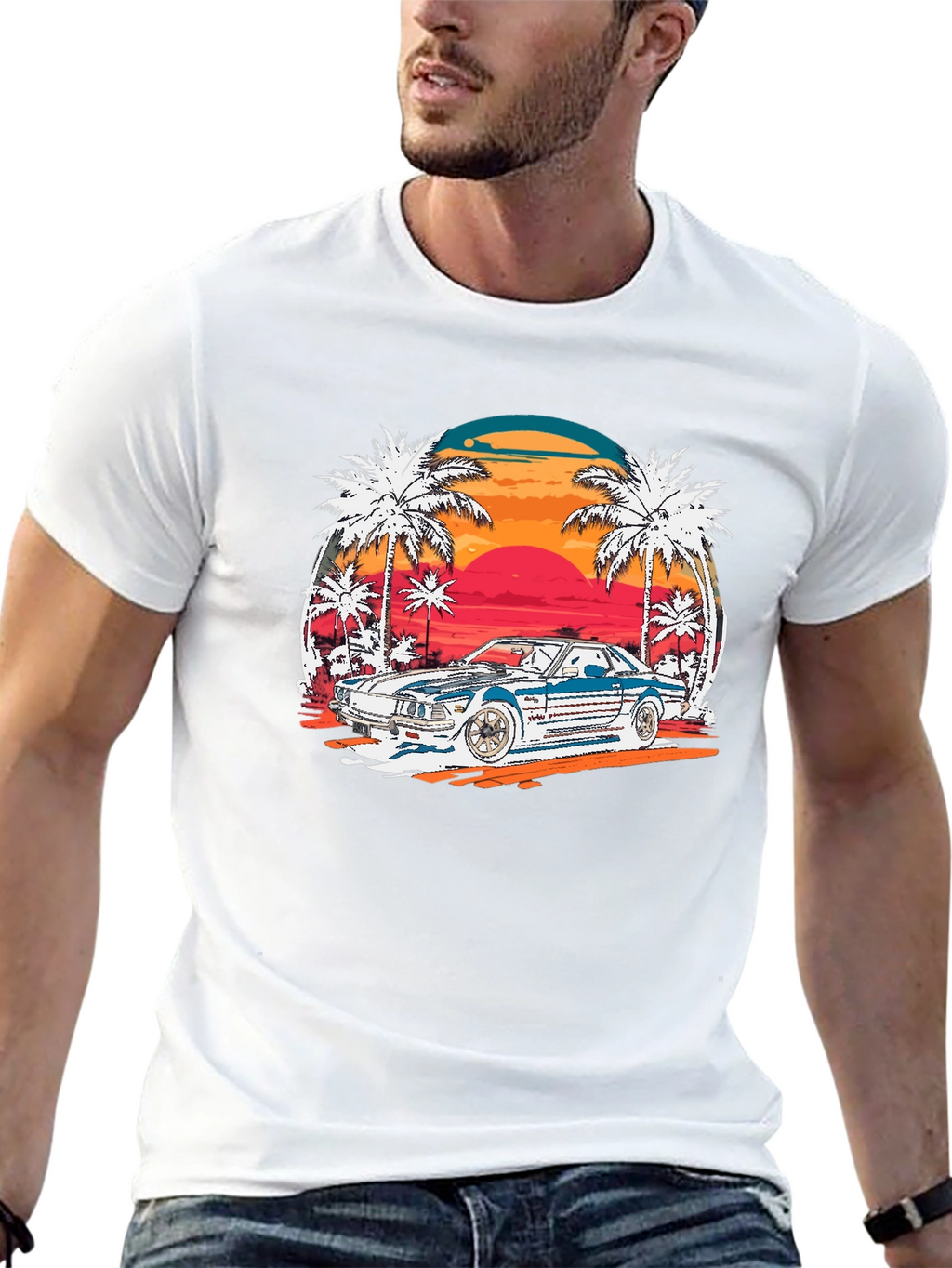 Retro Sunset Car Graphic T-Shirt