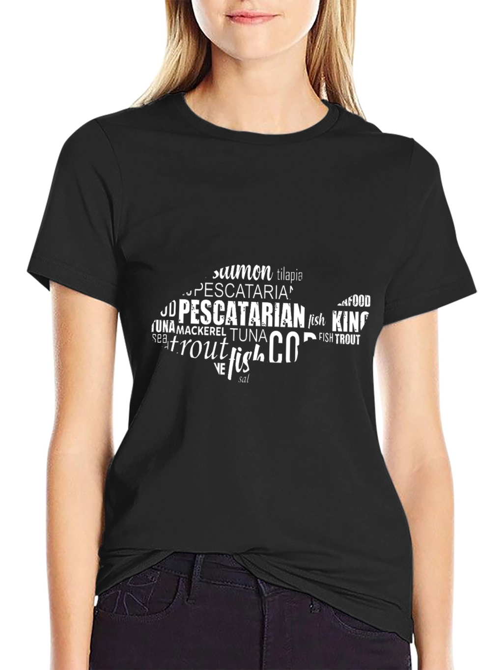 Pescatarian Fish Word Art T-Shirt - Black