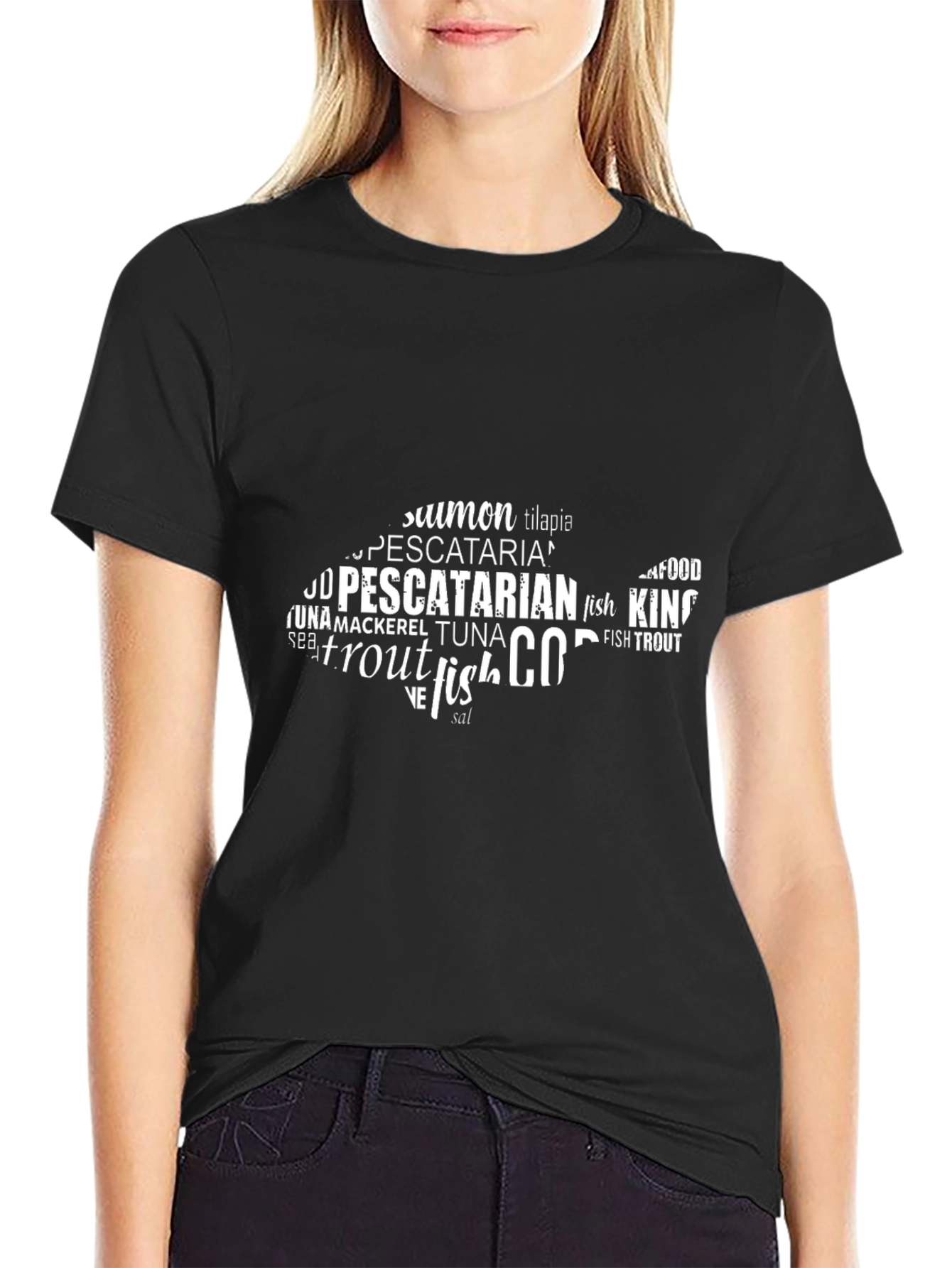 Pescatarian Fish Word Art T-Shirt - Black