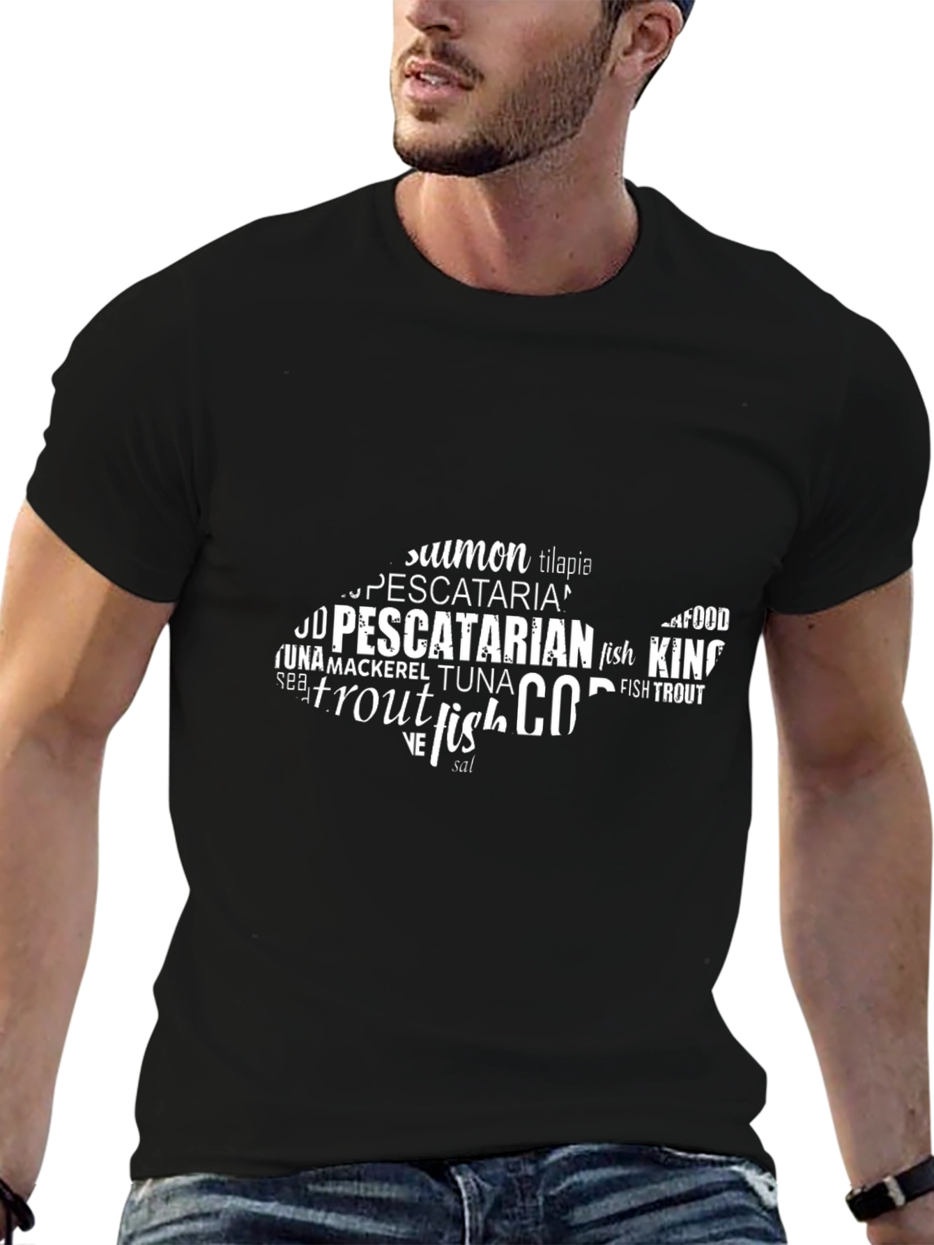 Pescatarian Fish Word Art T-Shirt - Black