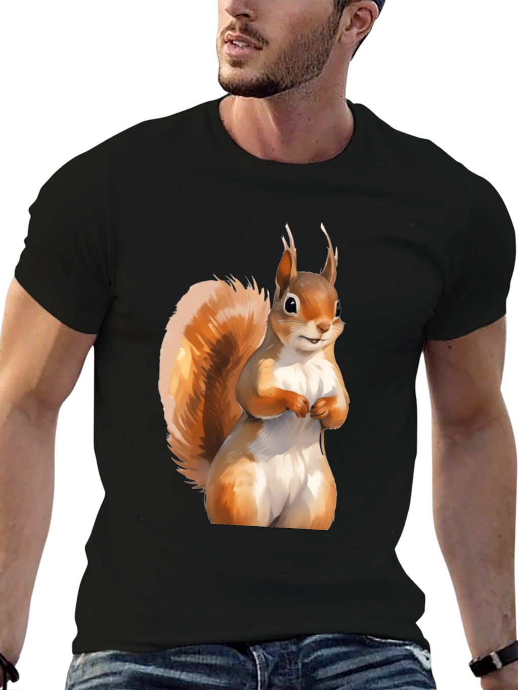 Squirrel Graphic Tee - Black Cotton Casual T-Shirt