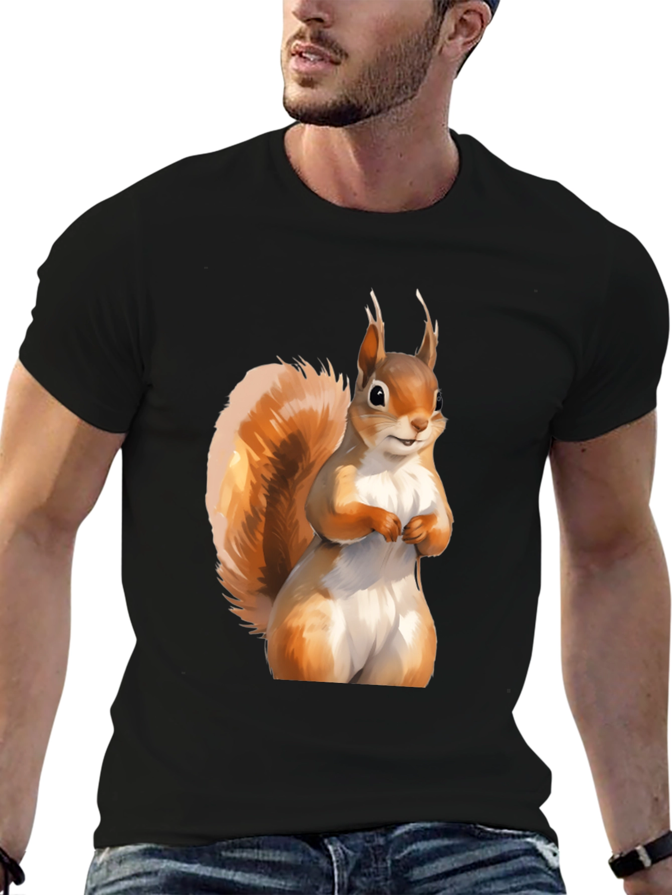 Squirrel Graphic Tee - Black Cotton Casual T-Shirt