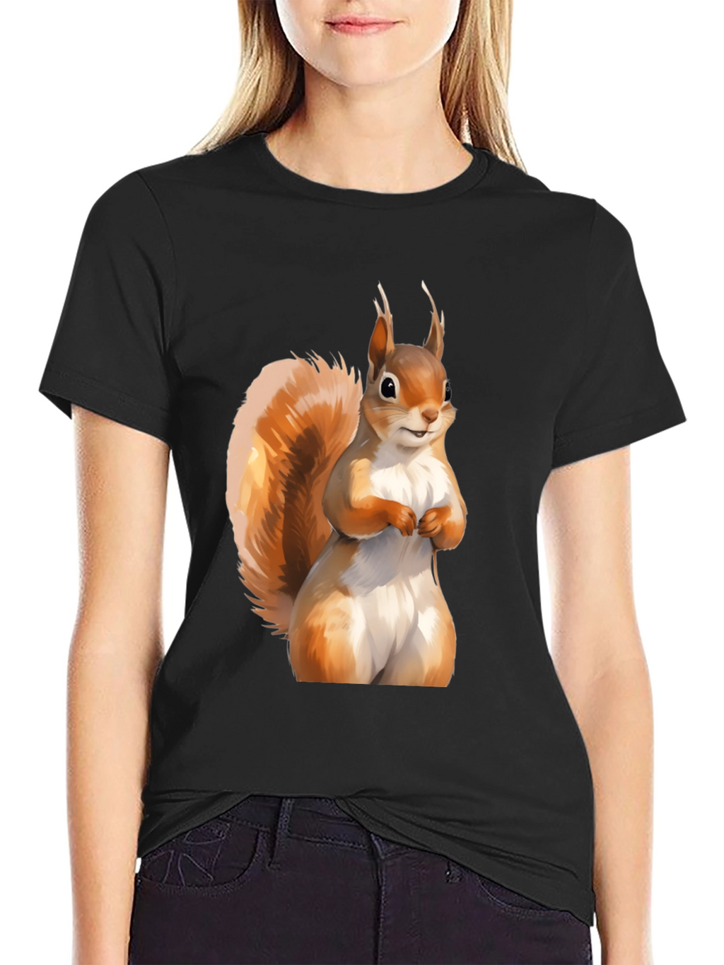 Squirrel Graphic Tee - Black Cotton Casual T-Shirt