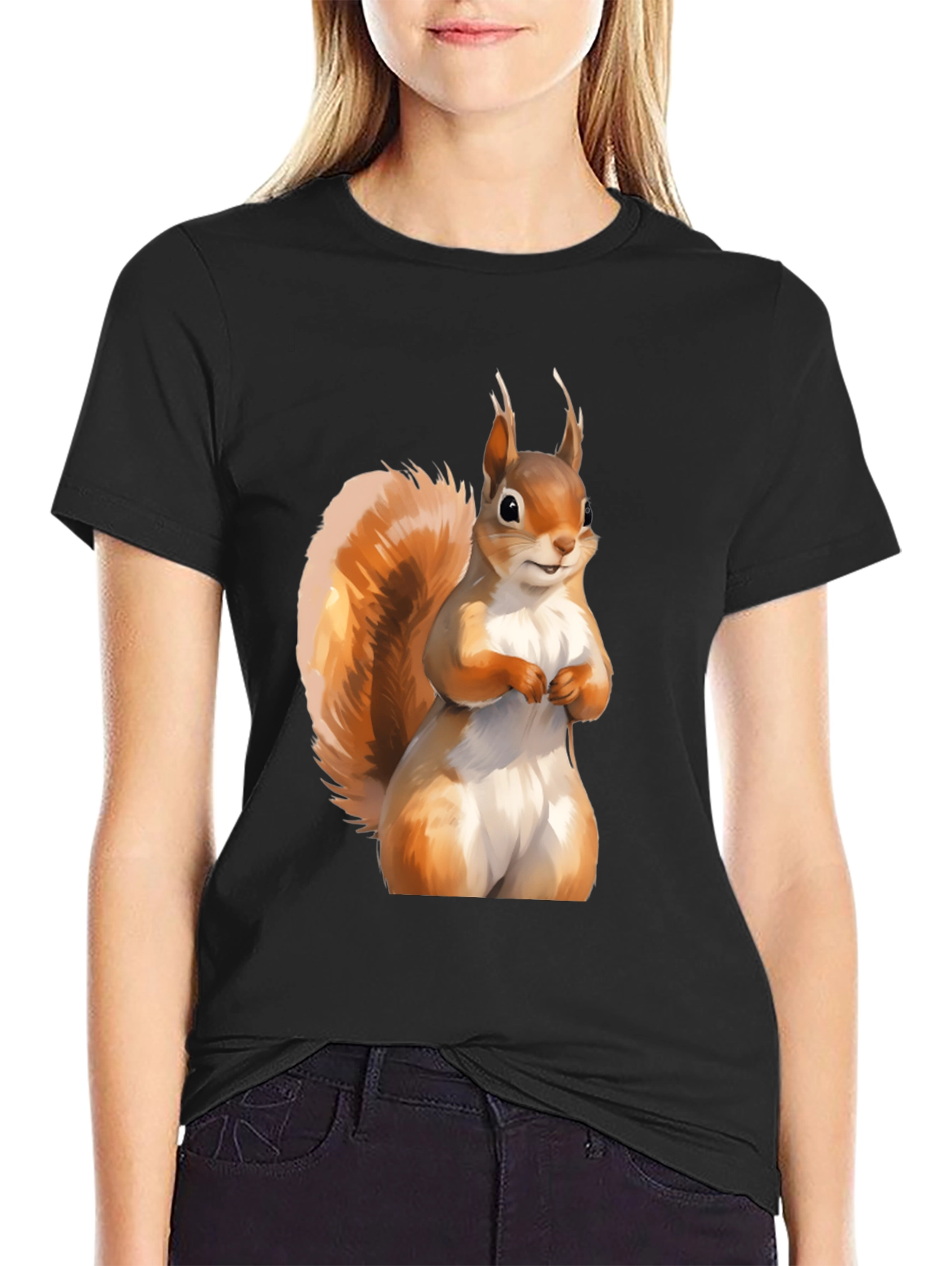 Squirrel Graphic Tee - Black Cotton Casual T-Shirt