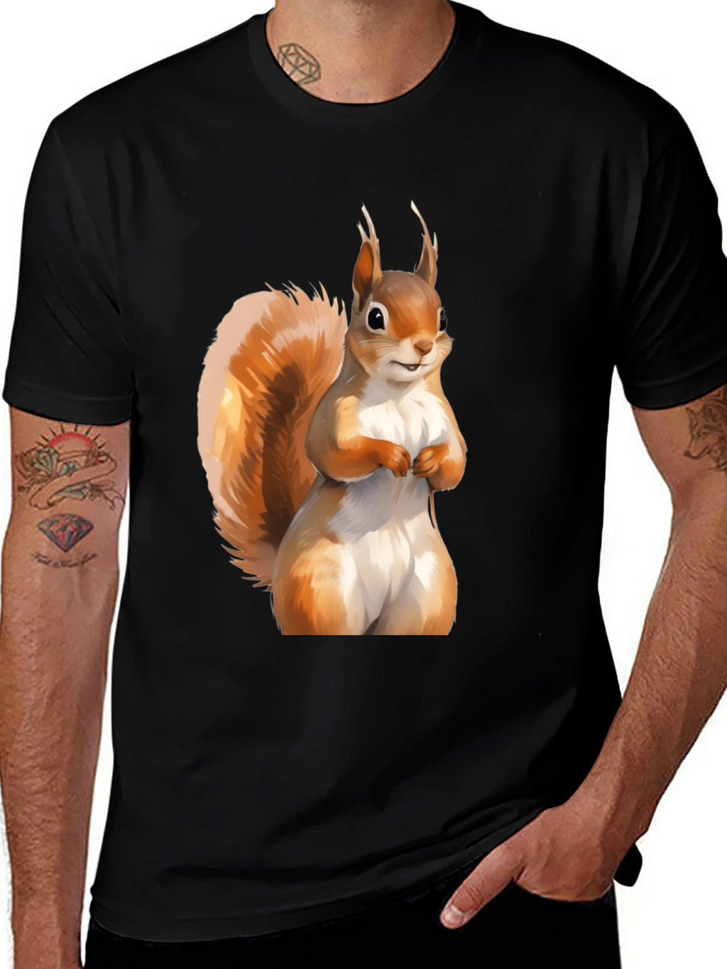 Squirrel Graphic Tee - Black Cotton Casual T-Shirt