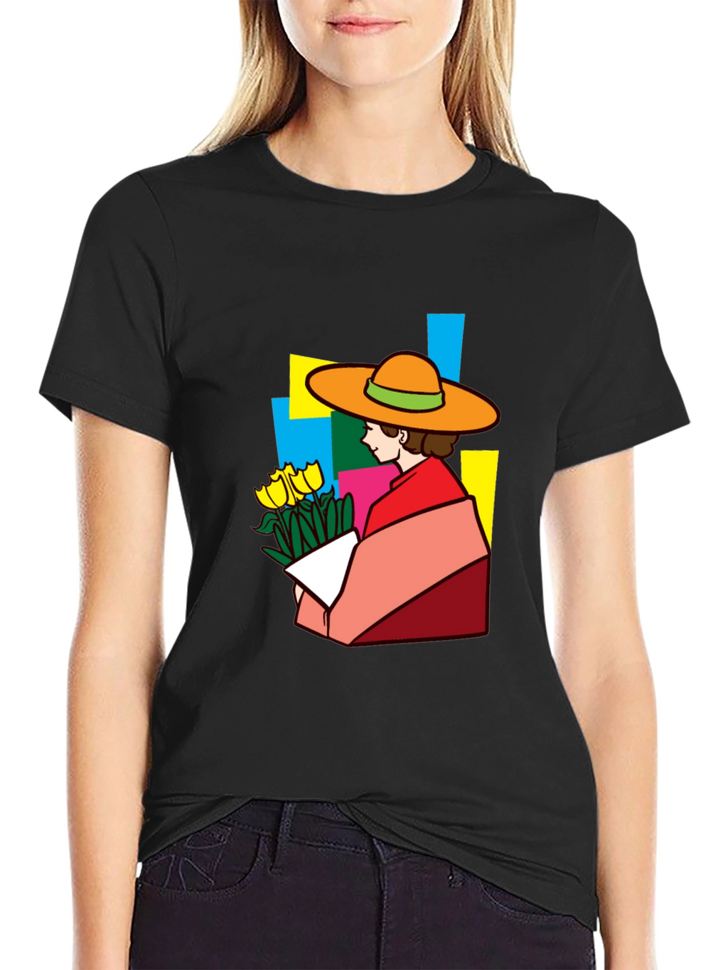 Stylish Graphic Tee - Woman with Flowers