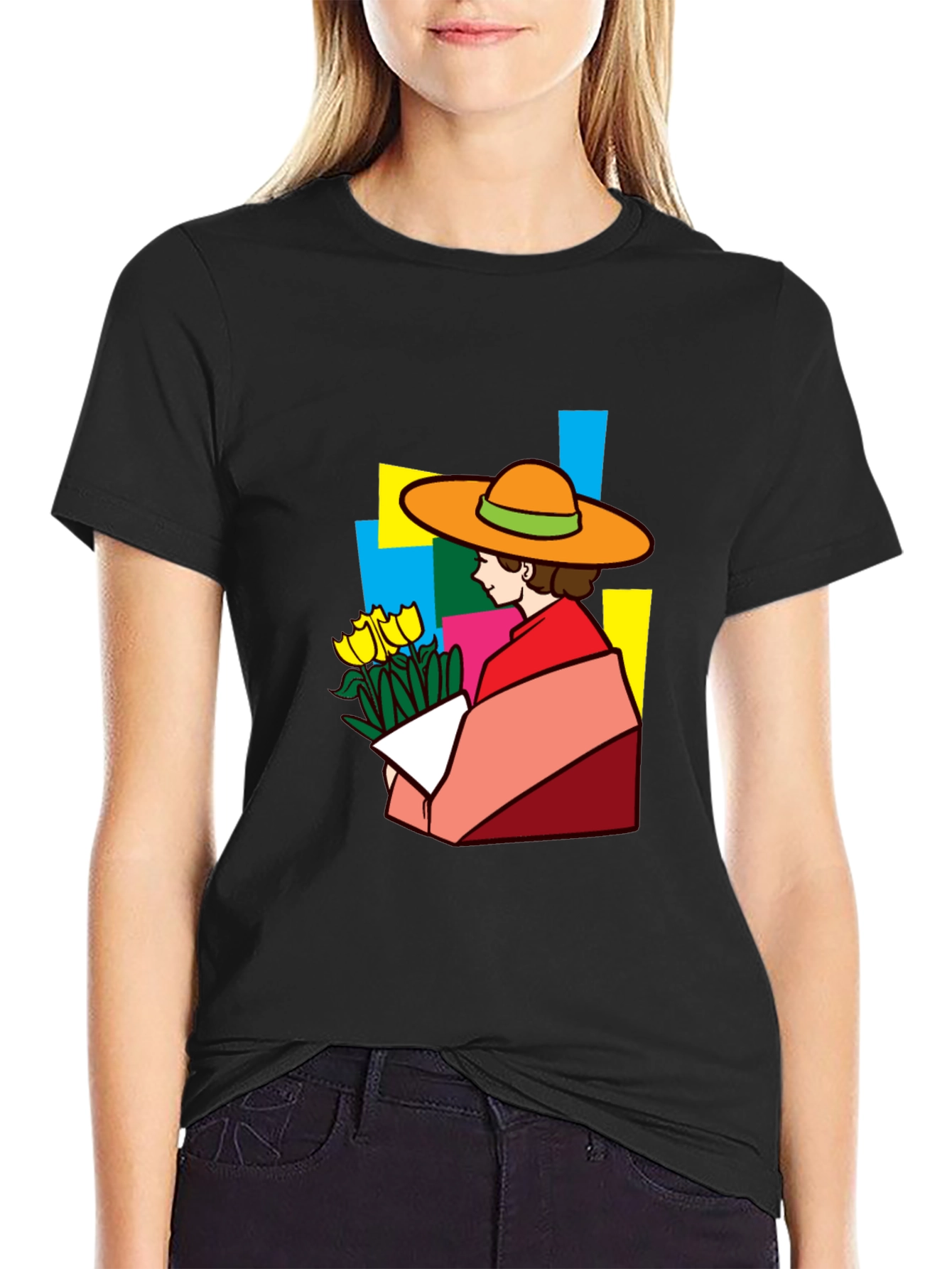 Stylish Graphic Tee - Woman with Flowers