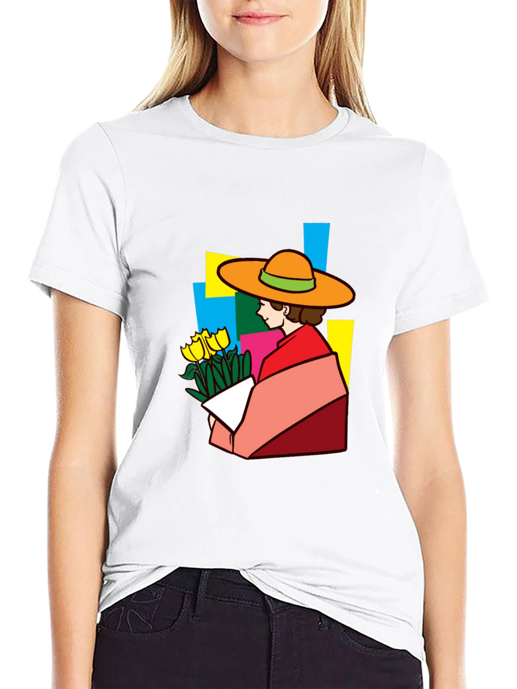 Stylish Graphic Tee - Woman with Flowers