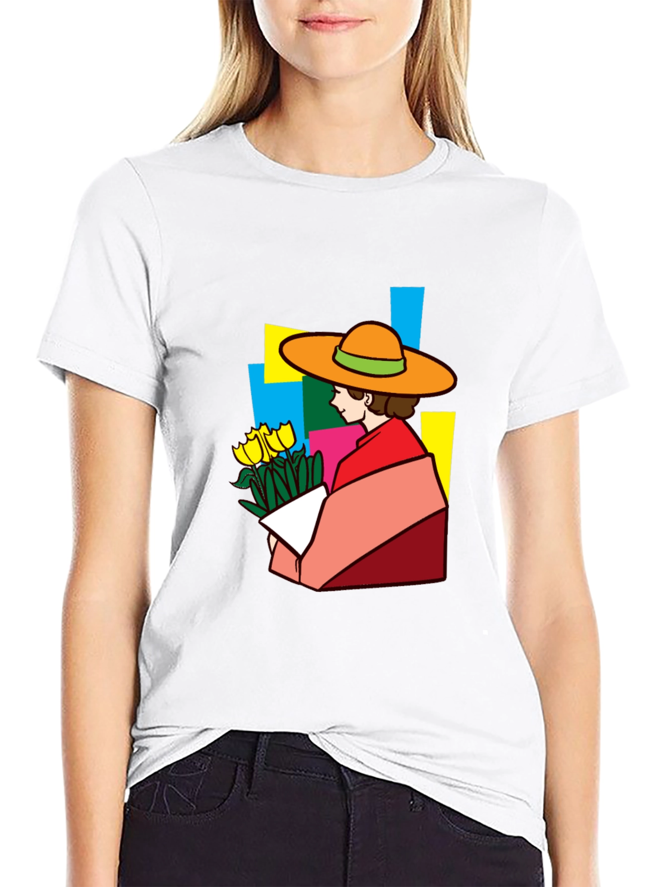 Stylish Graphic Tee - Woman with Flowers