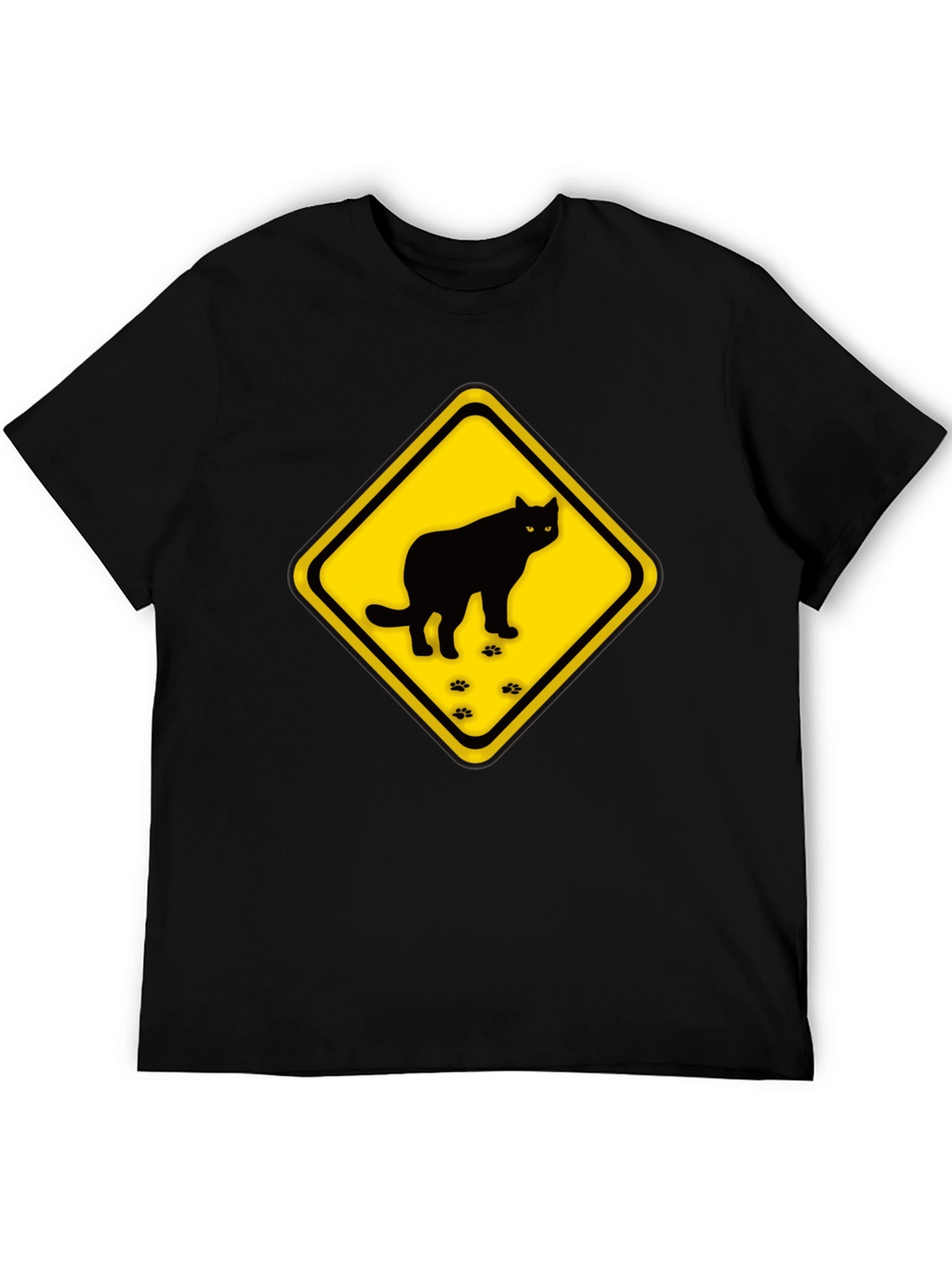 Caution Cat Crossing Black T-Shirt