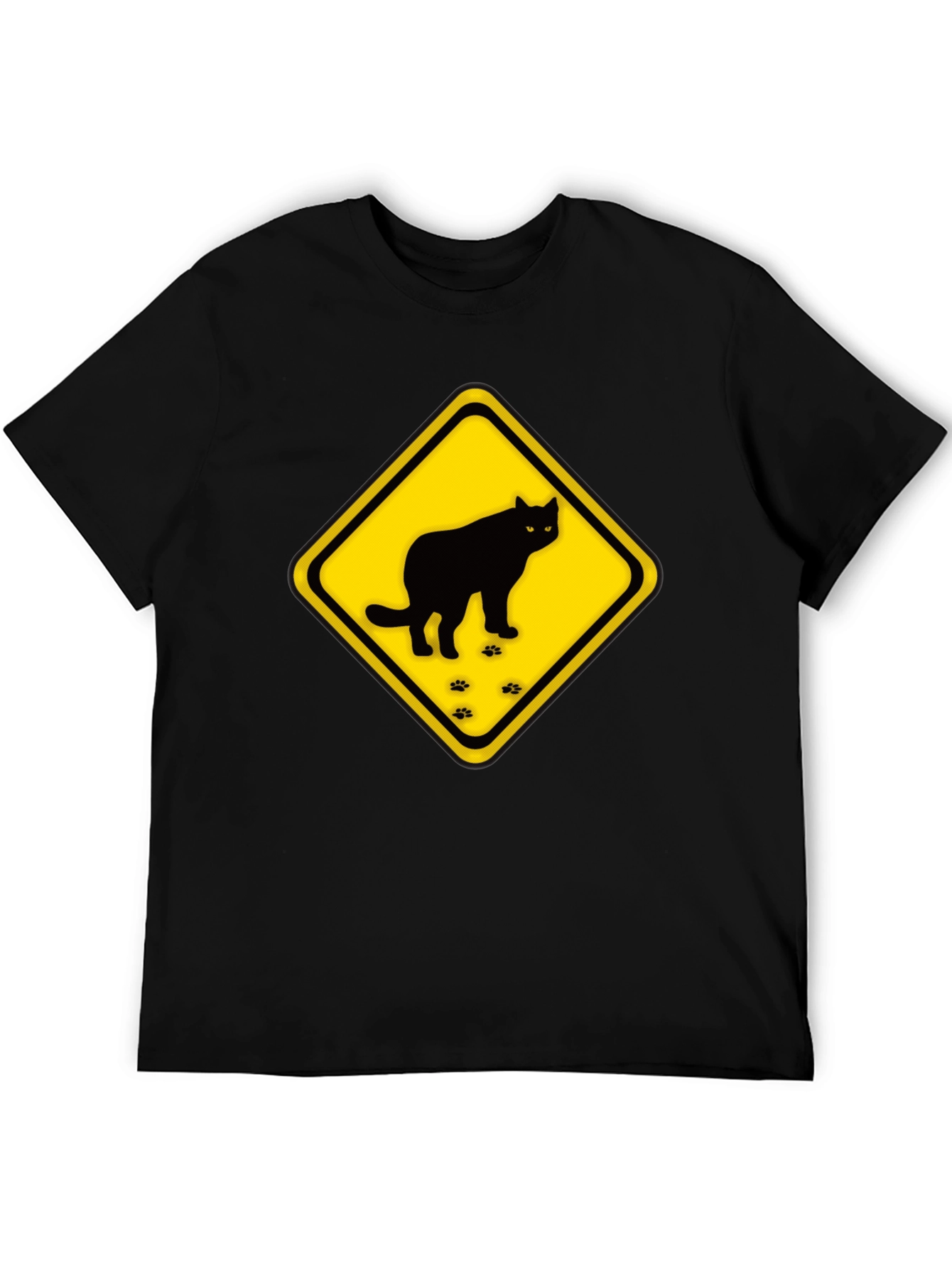 Caution Cat Crossing Black T-Shirt