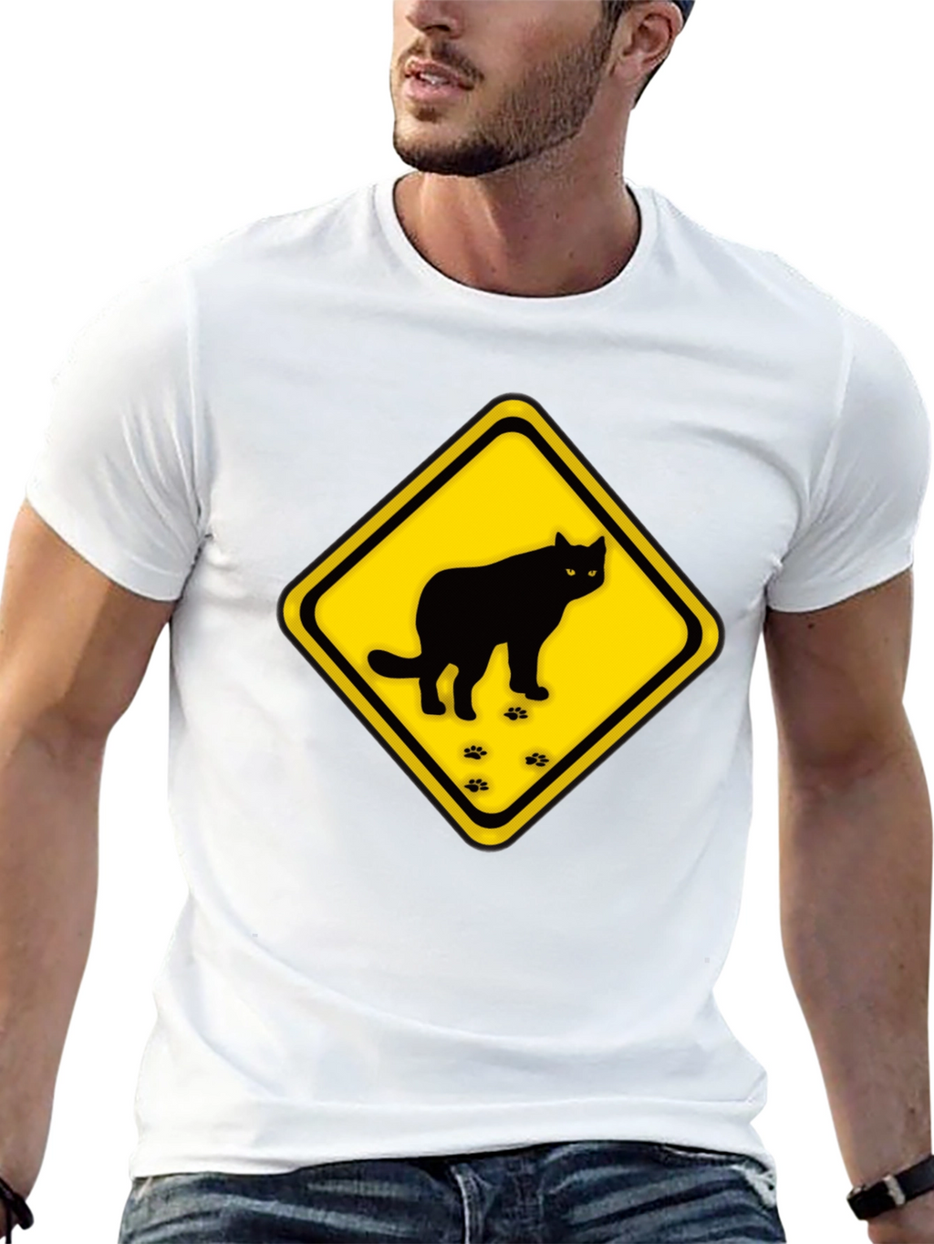 Caution Cat Crossing Black T-Shirt