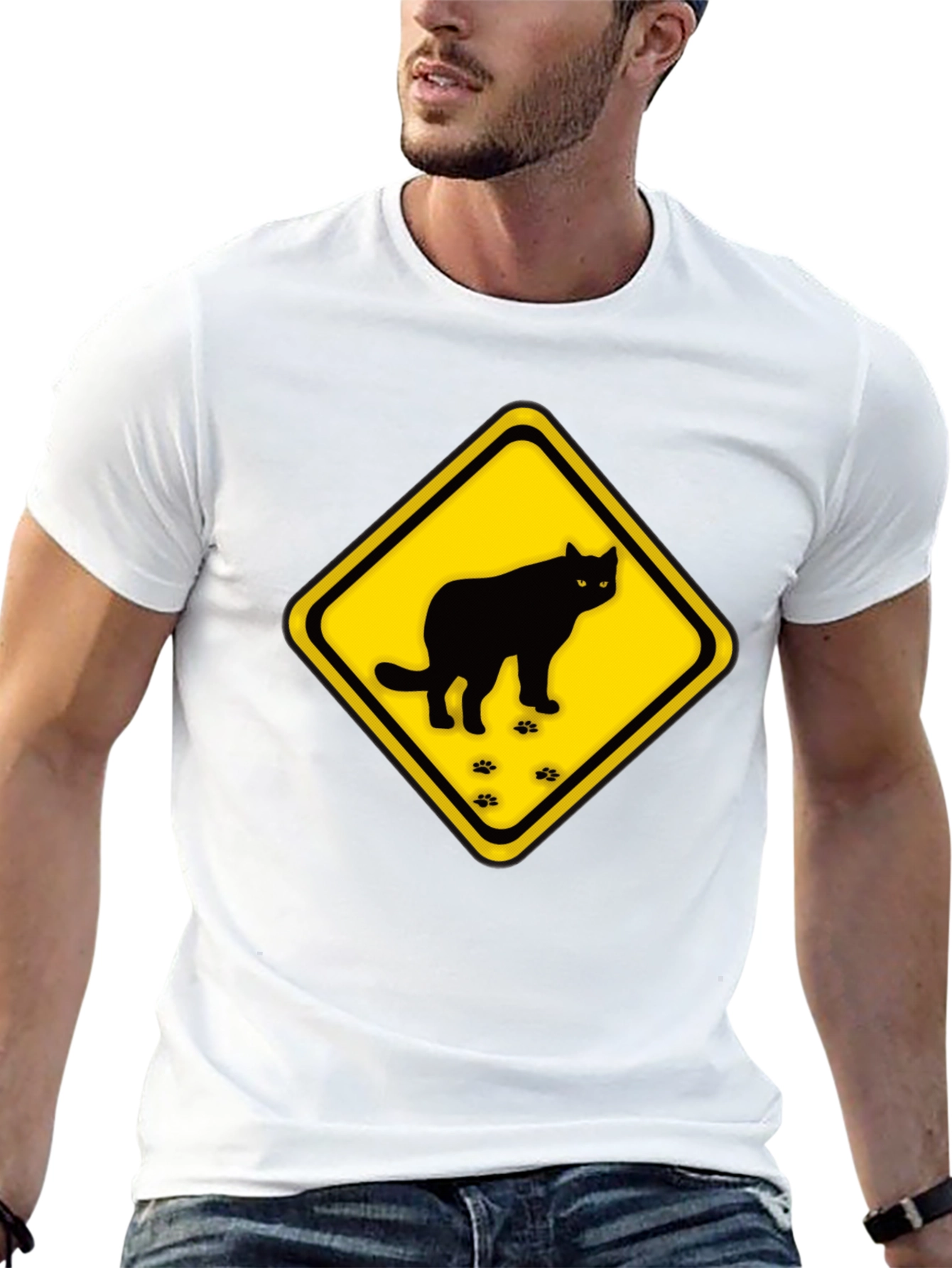 Caution Cat Crossing Black T-Shirt