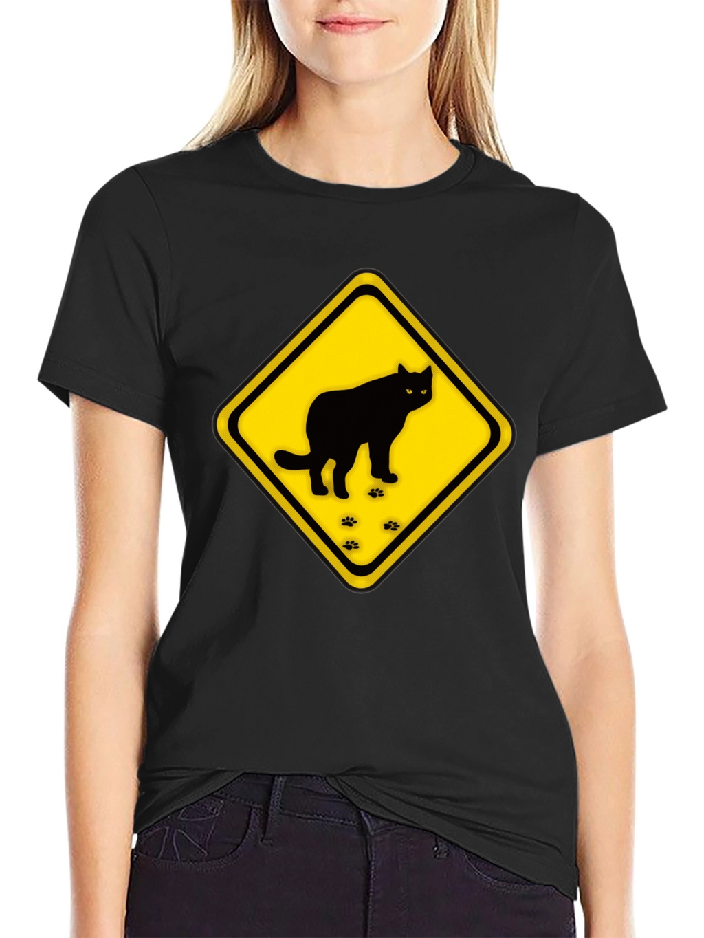 Caution Cat Crossing Black T-Shirt
