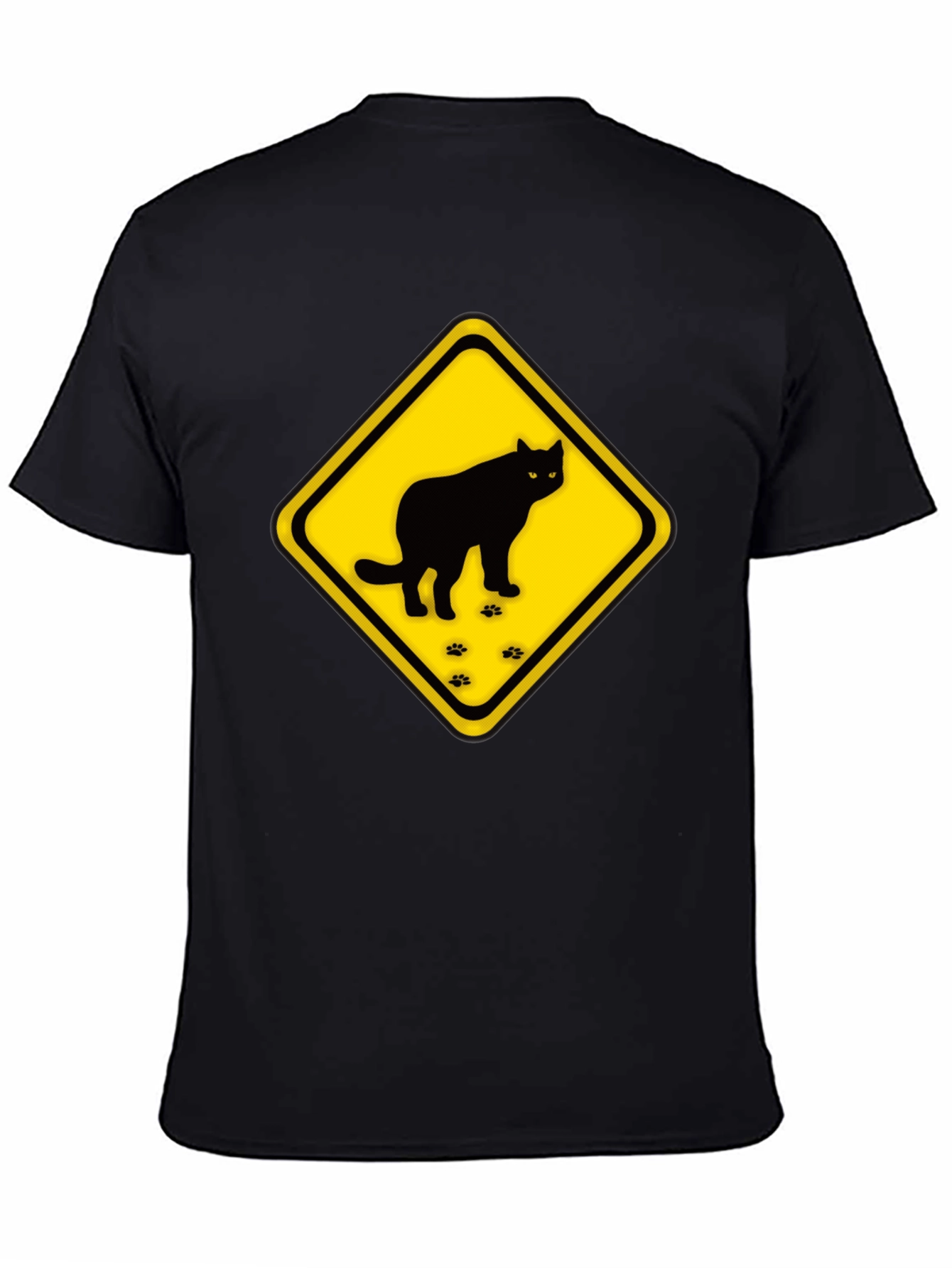 Caution Cat Crossing Black T-Shirt