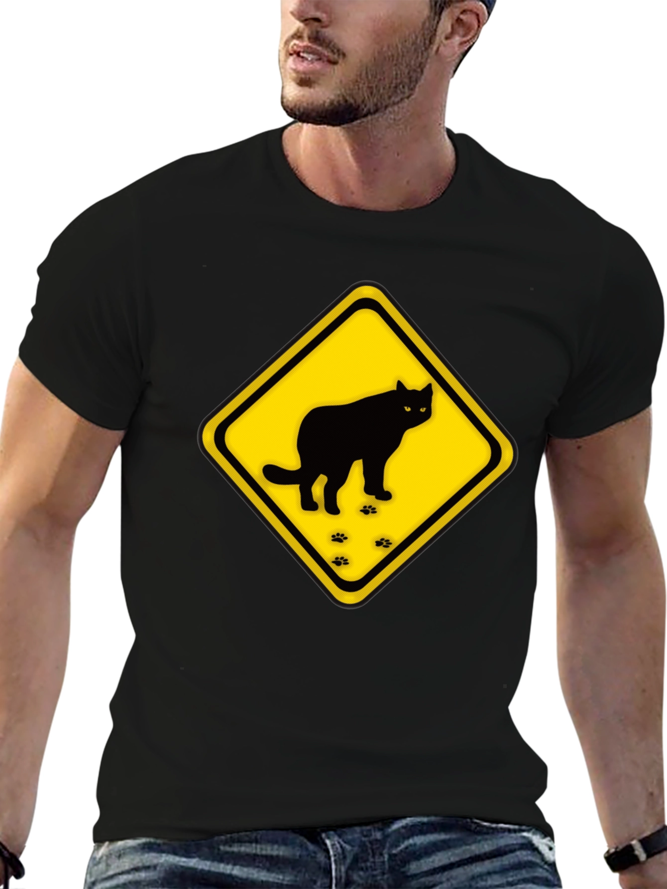 Caution Cat Crossing Black T-Shirt