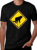 Caution Cat Crossing Black T-Shirt