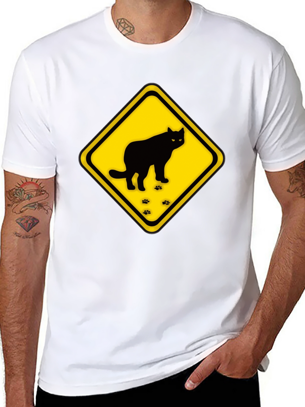 Caution Cat Crossing Black T-Shirt
