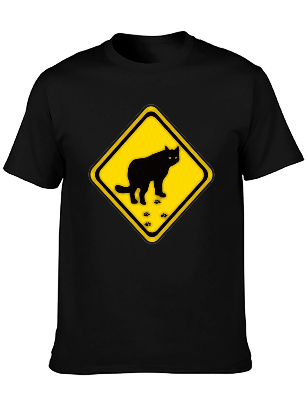 Caution Cat Crossing Black T-Shirt