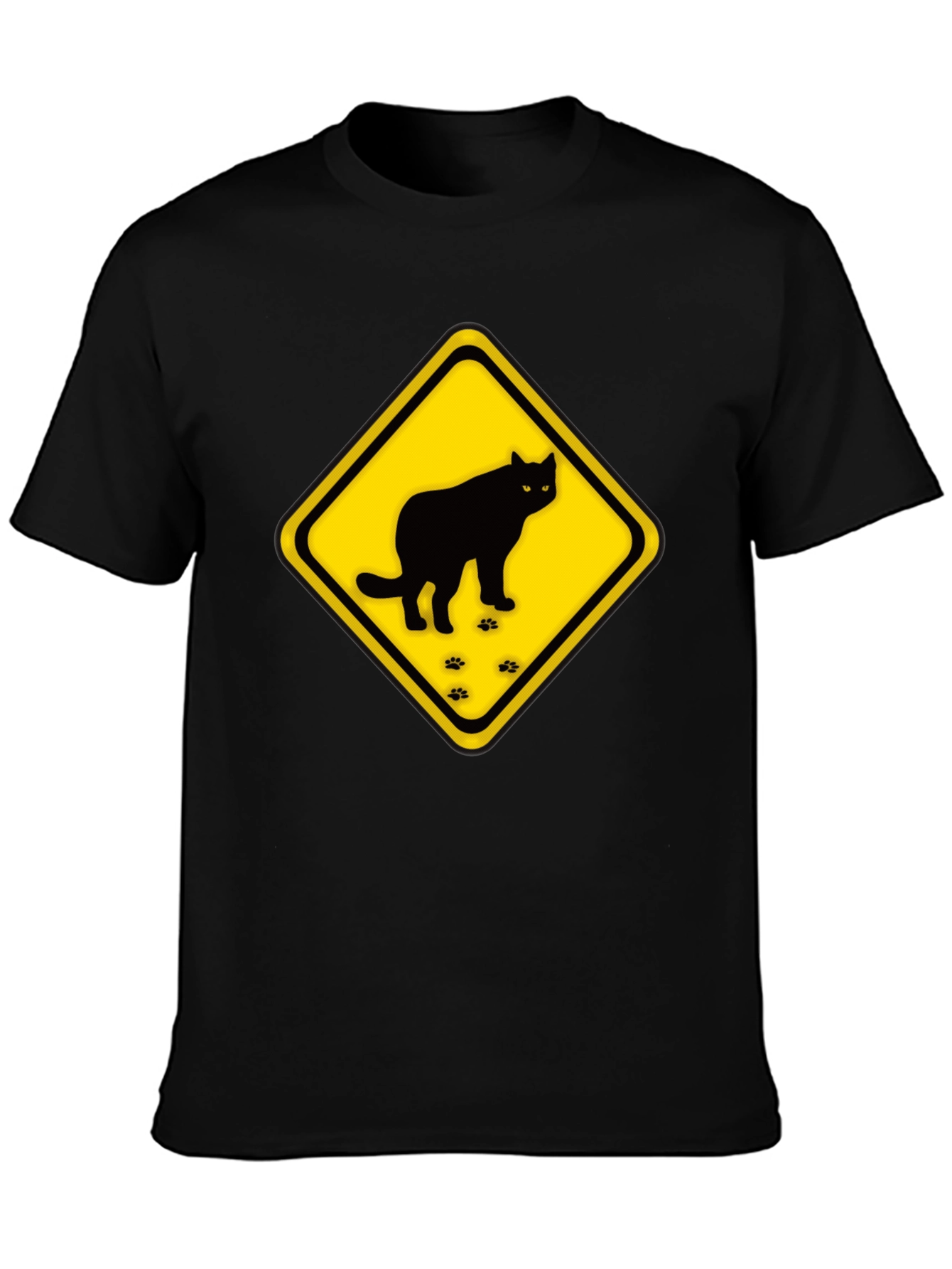 Caution Cat Crossing Black T-Shirt