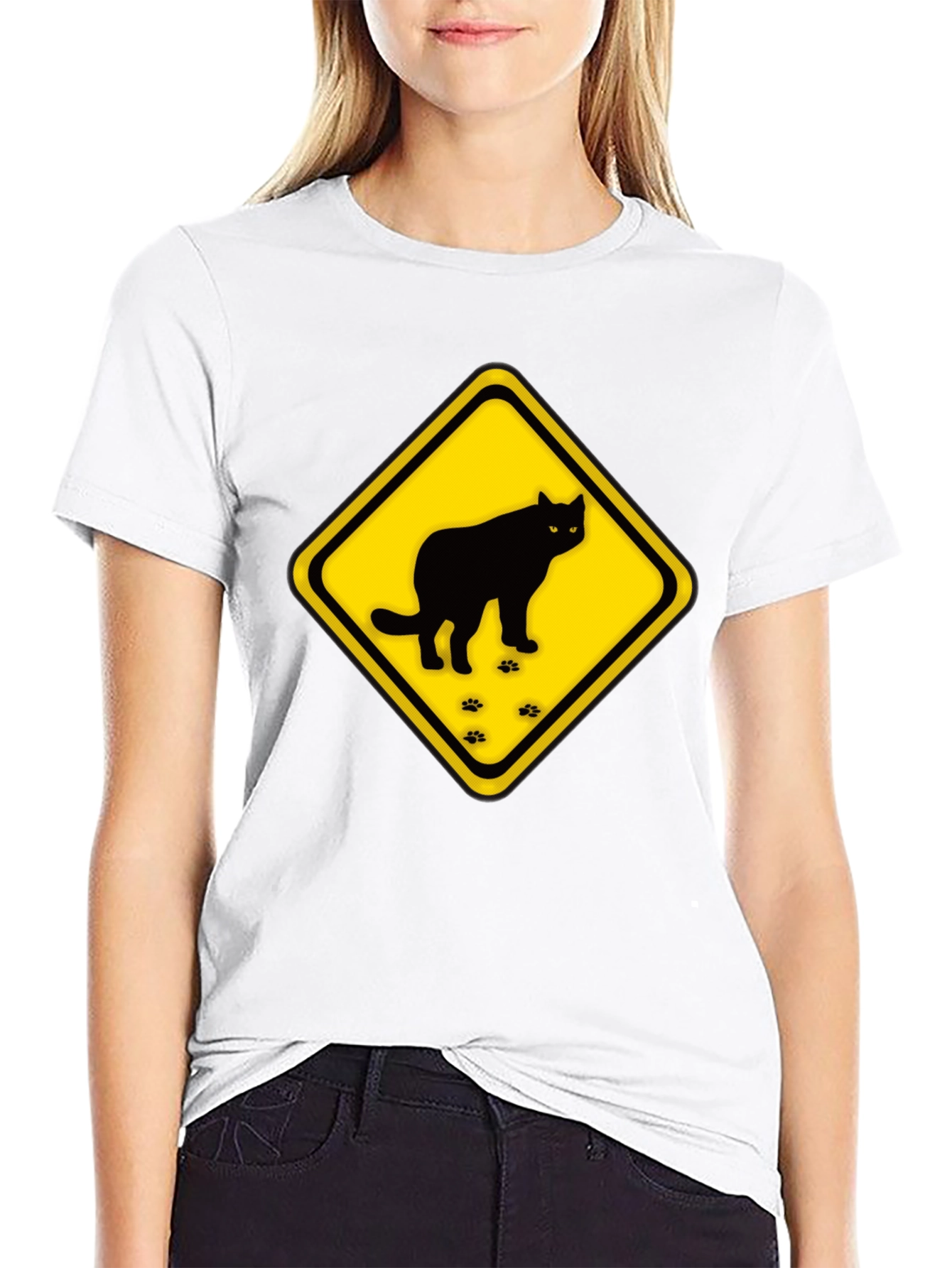 Caution Cat Crossing Black T-Shirt