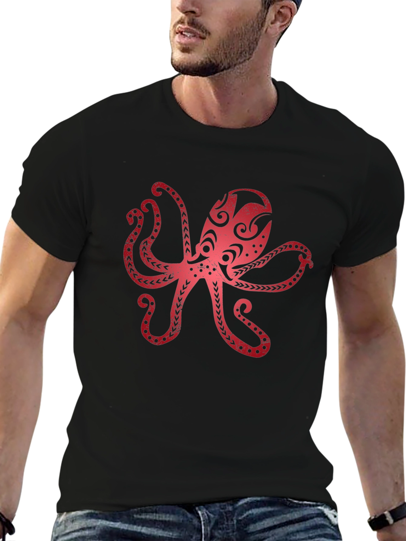 Red Octopus Graphic Black T-Shirt