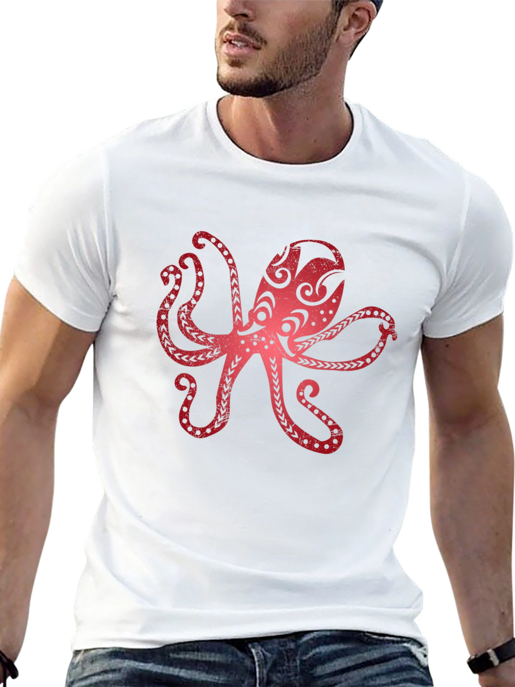 Red Octopus Graphic Black T-Shirt