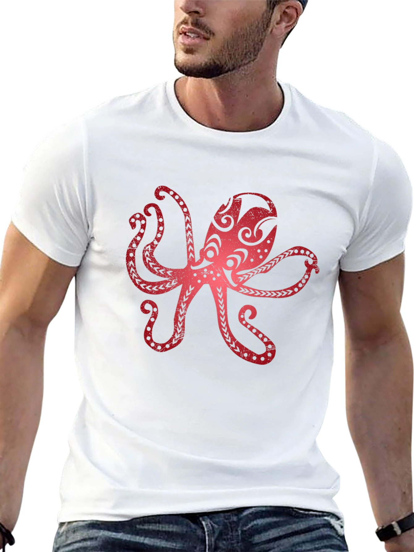 Red Octopus Graphic Black T-Shirt
