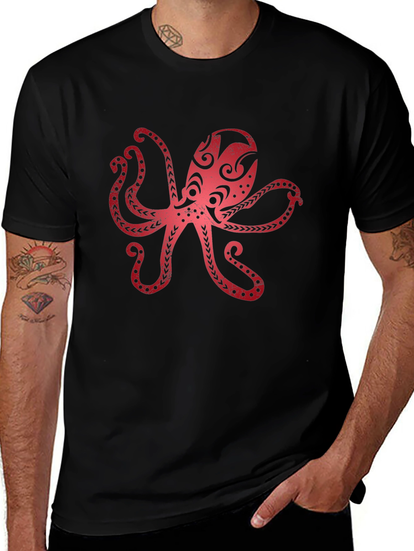 Red Octopus Graphic Black T-Shirt