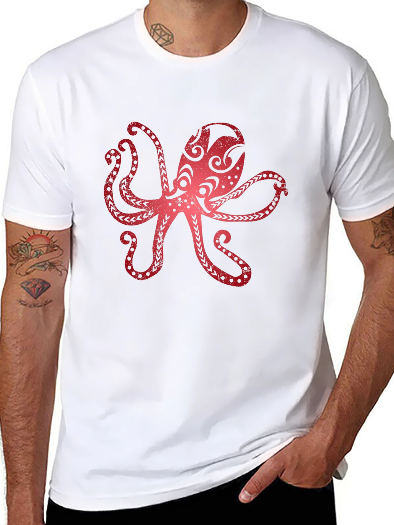 Red Octopus Graphic Black T-Shirt