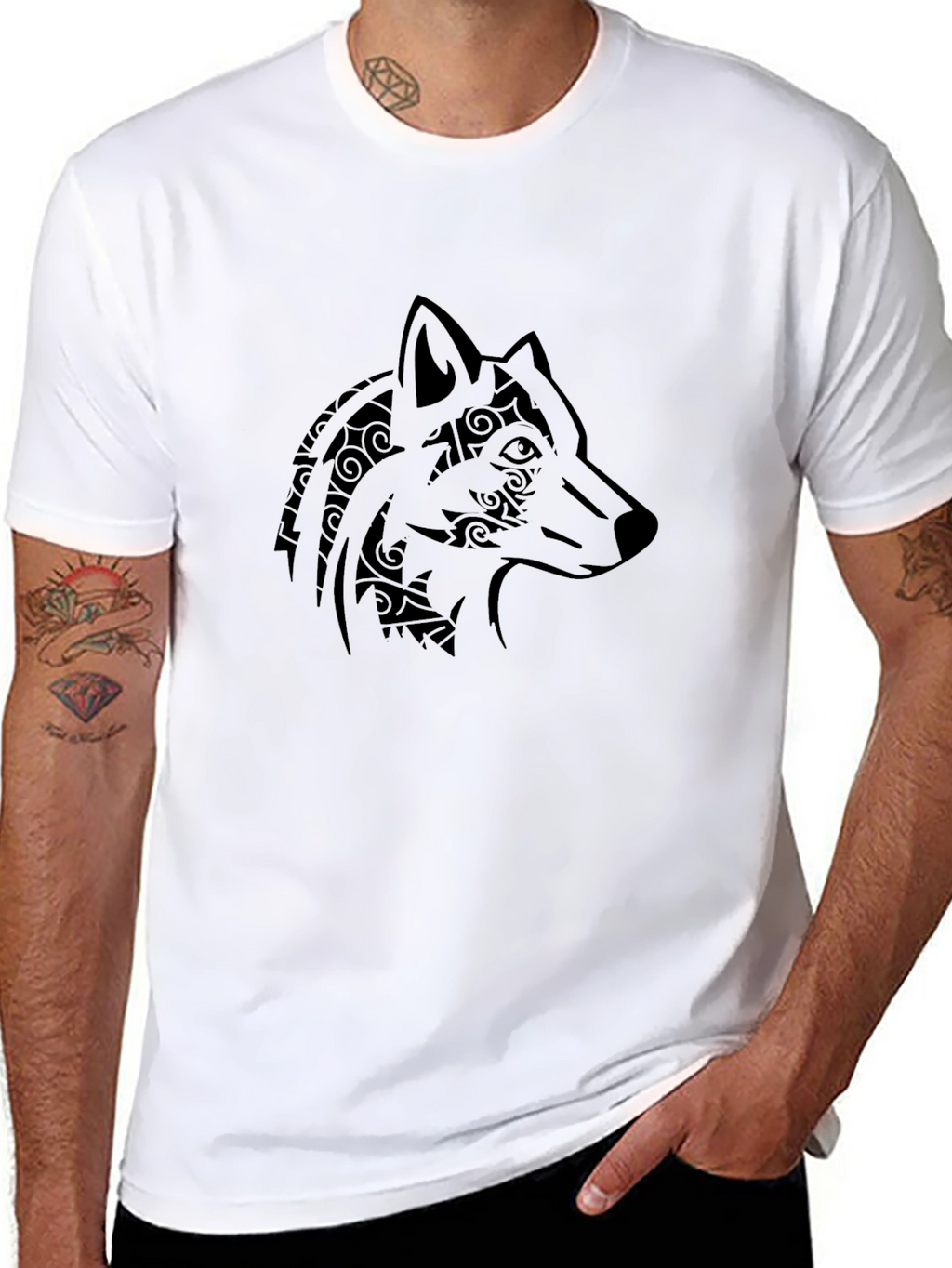 Tribal Wolf Head Graphic Mens Black T-Shirt
