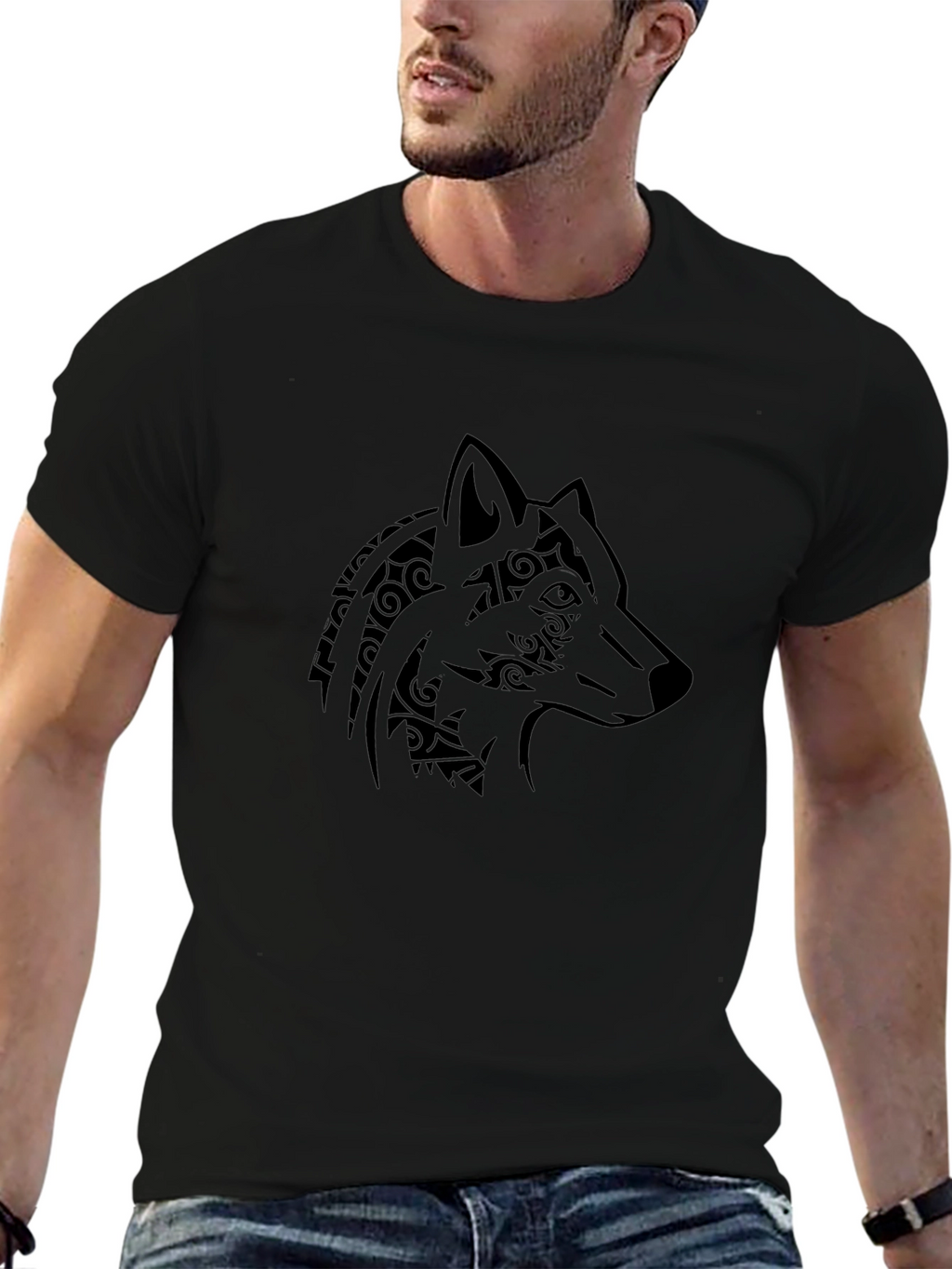 Tribal Wolf Head Graphic Mens Black T-Shirt