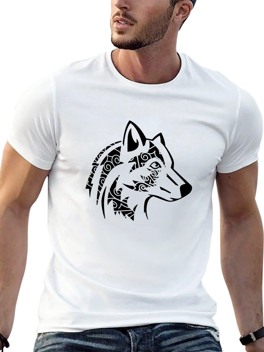 Tribal Wolf Head Graphic Mens Black T-Shirt