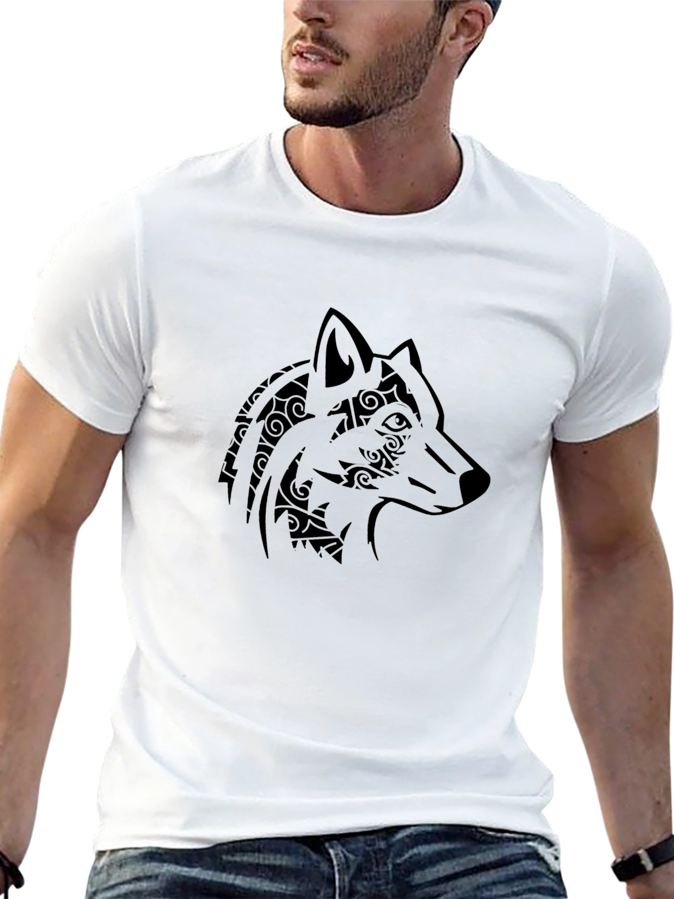 Tribal Wolf Head Graphic Mens Black T-Shirt