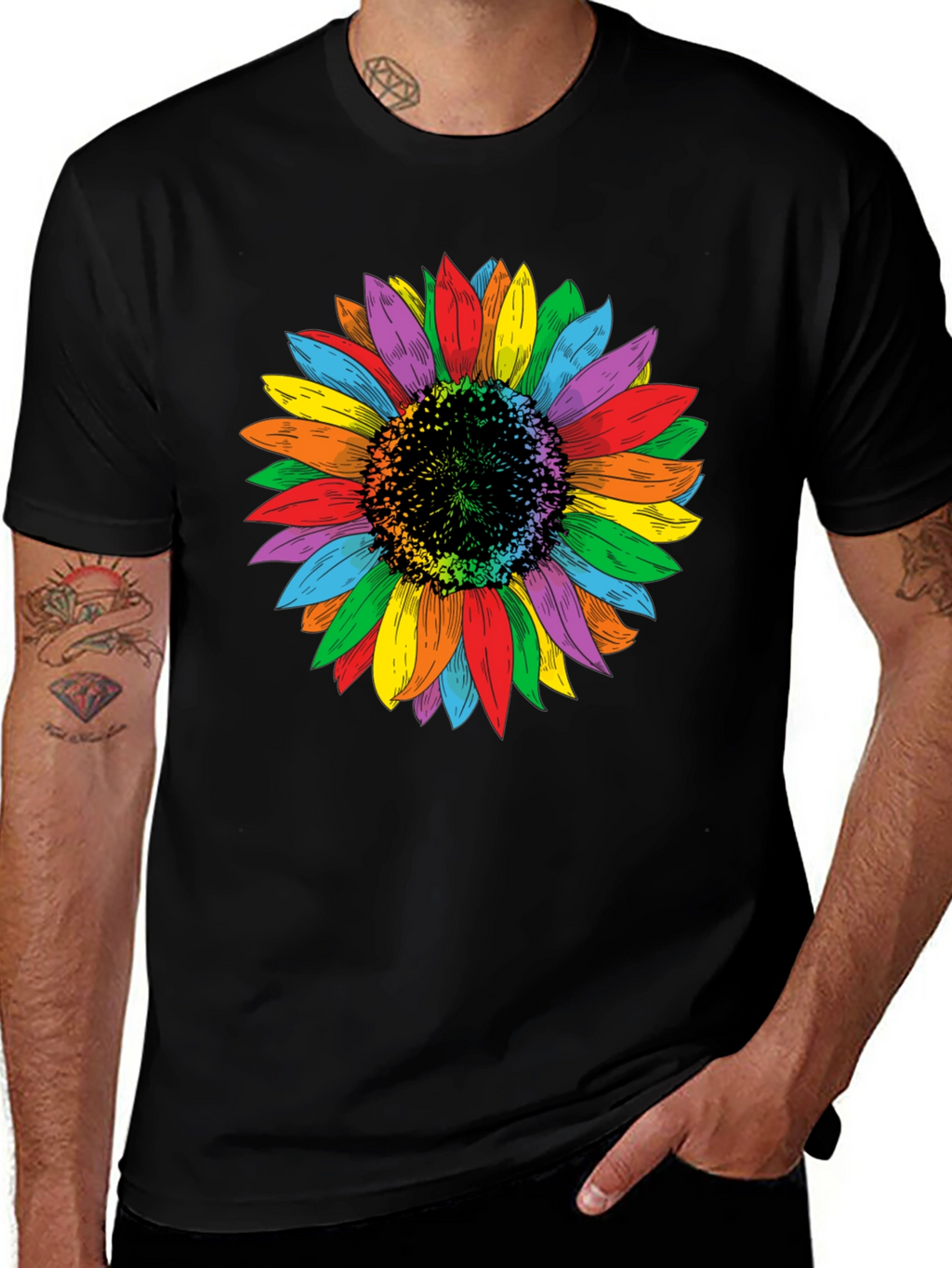 Rainbow Sunflower Graphic Tee - Unisex Black Shirt