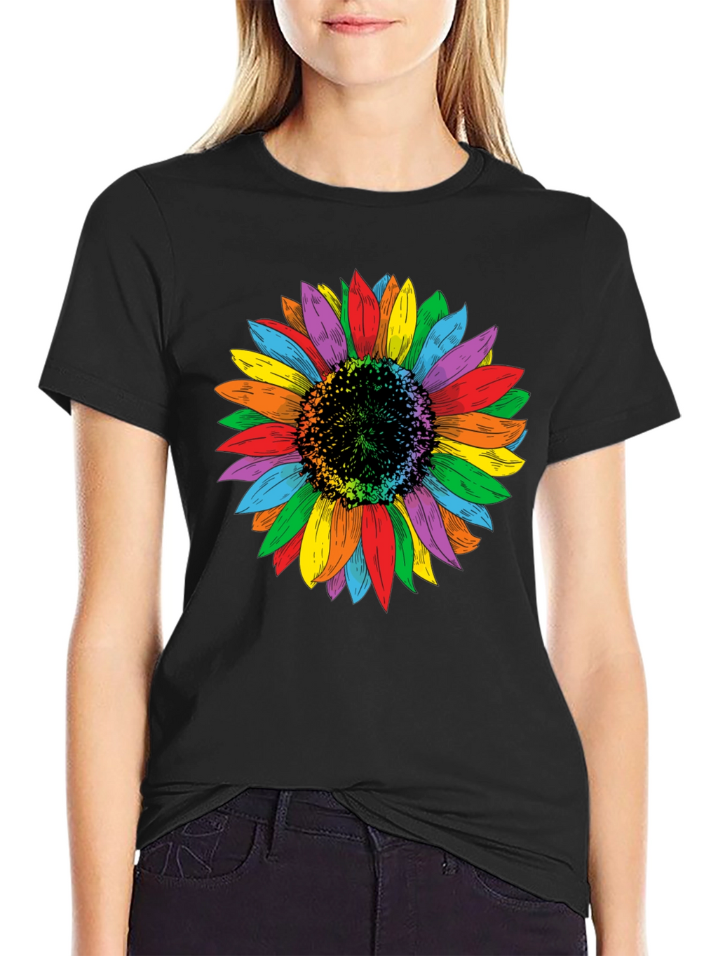 Rainbow Sunflower Graphic Tee - Unisex Black Shirt
