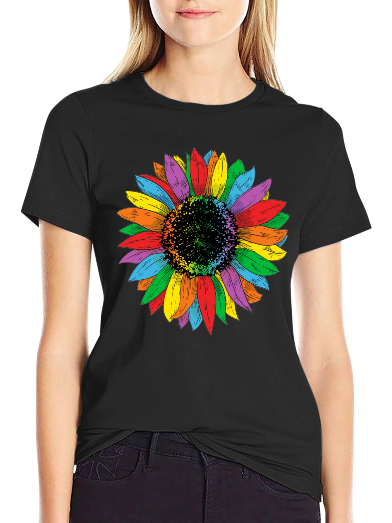 Rainbow Sunflower Graphic Tee - Unisex Black Shirt