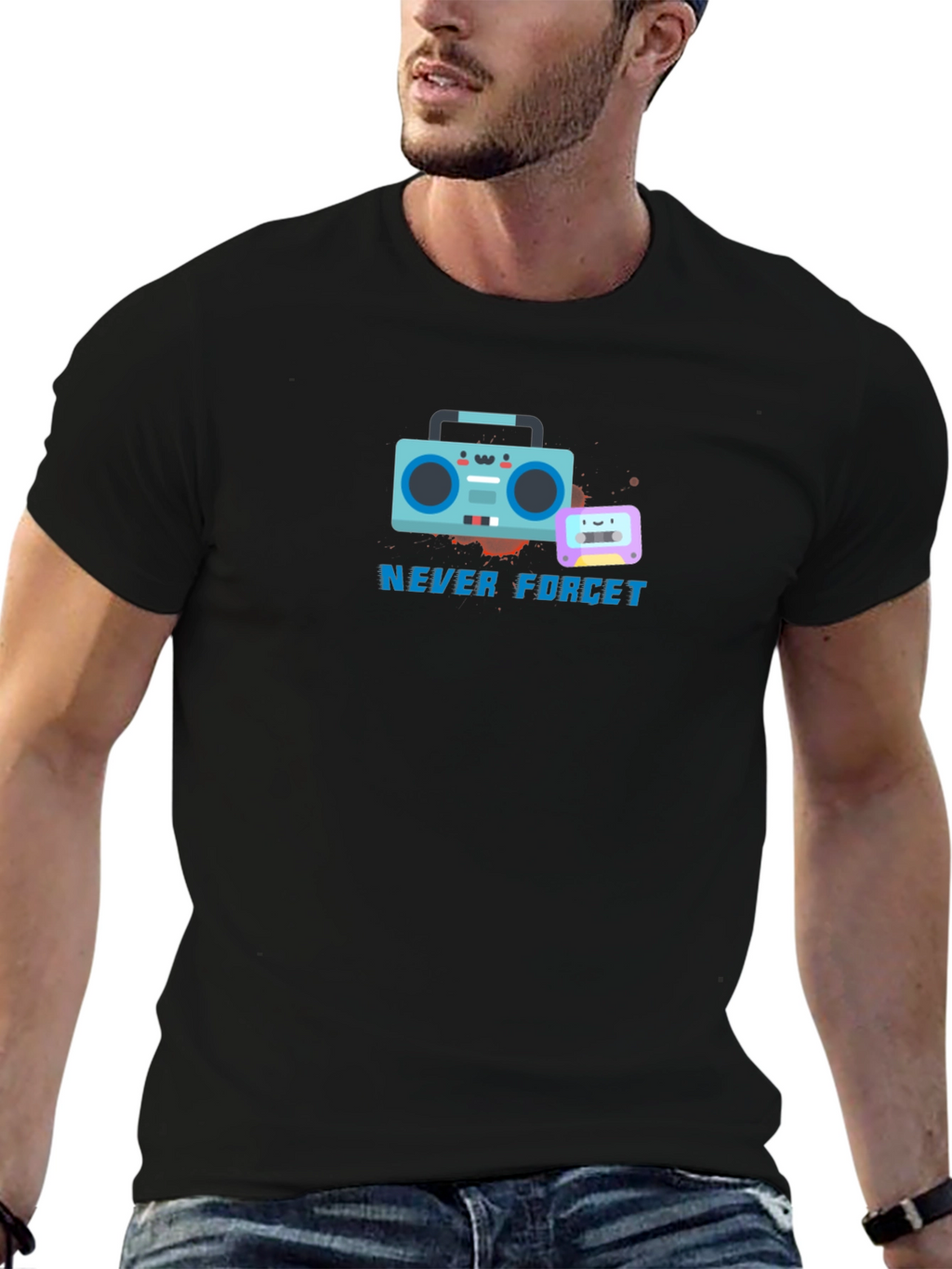 Retro Boombox & Cassette Never Forget Black T-Shirt
