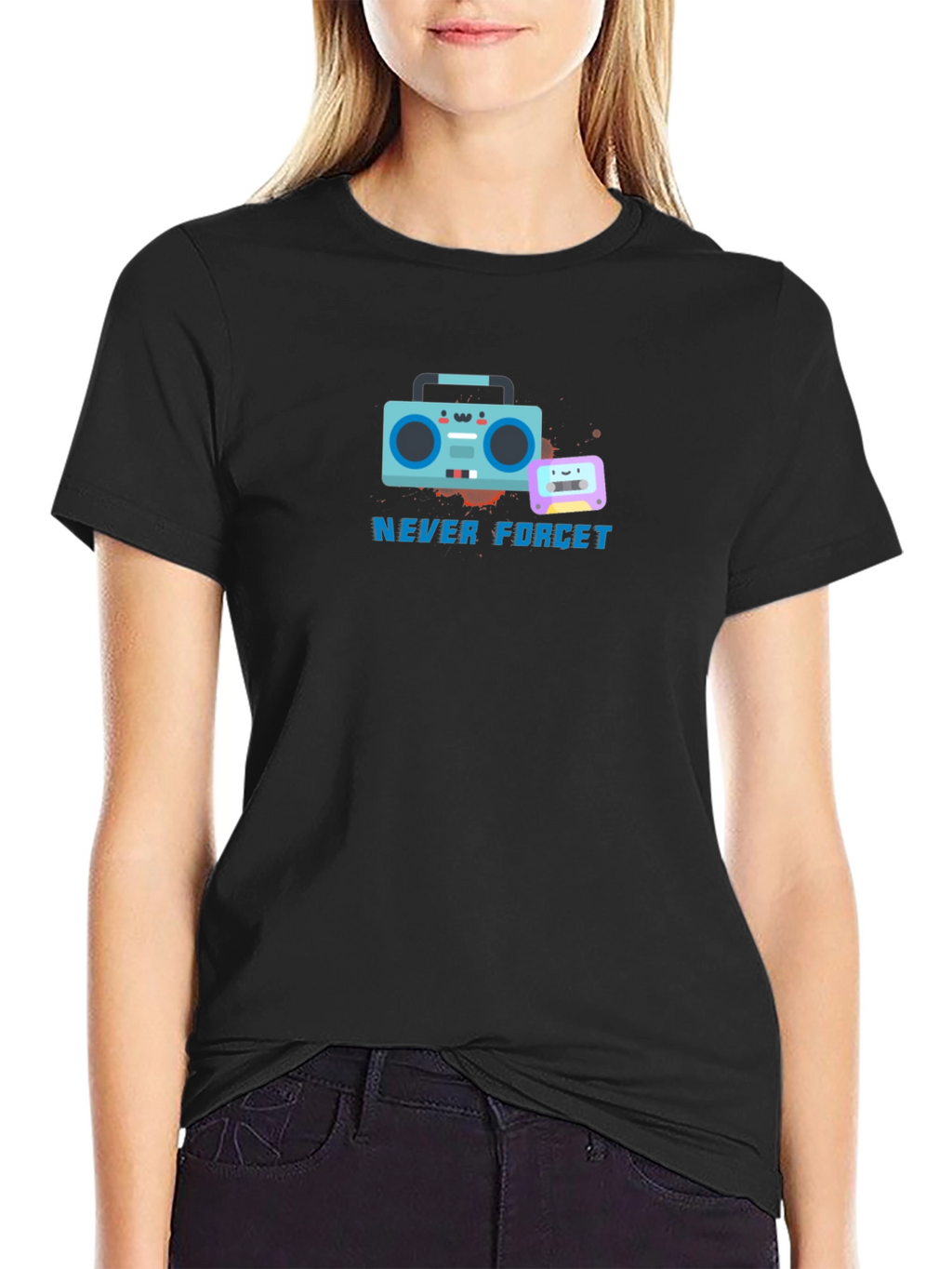 Retro Boombox & Cassette Never Forget Black T-Shirt
