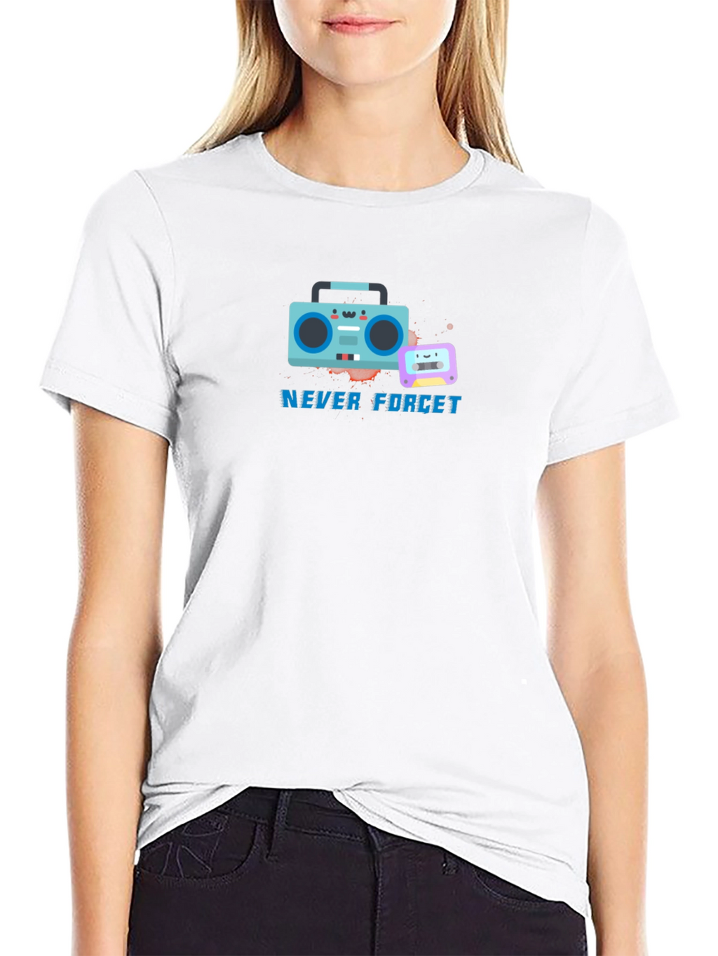 Retro Boombox & Cassette Never Forget Black T-Shirt