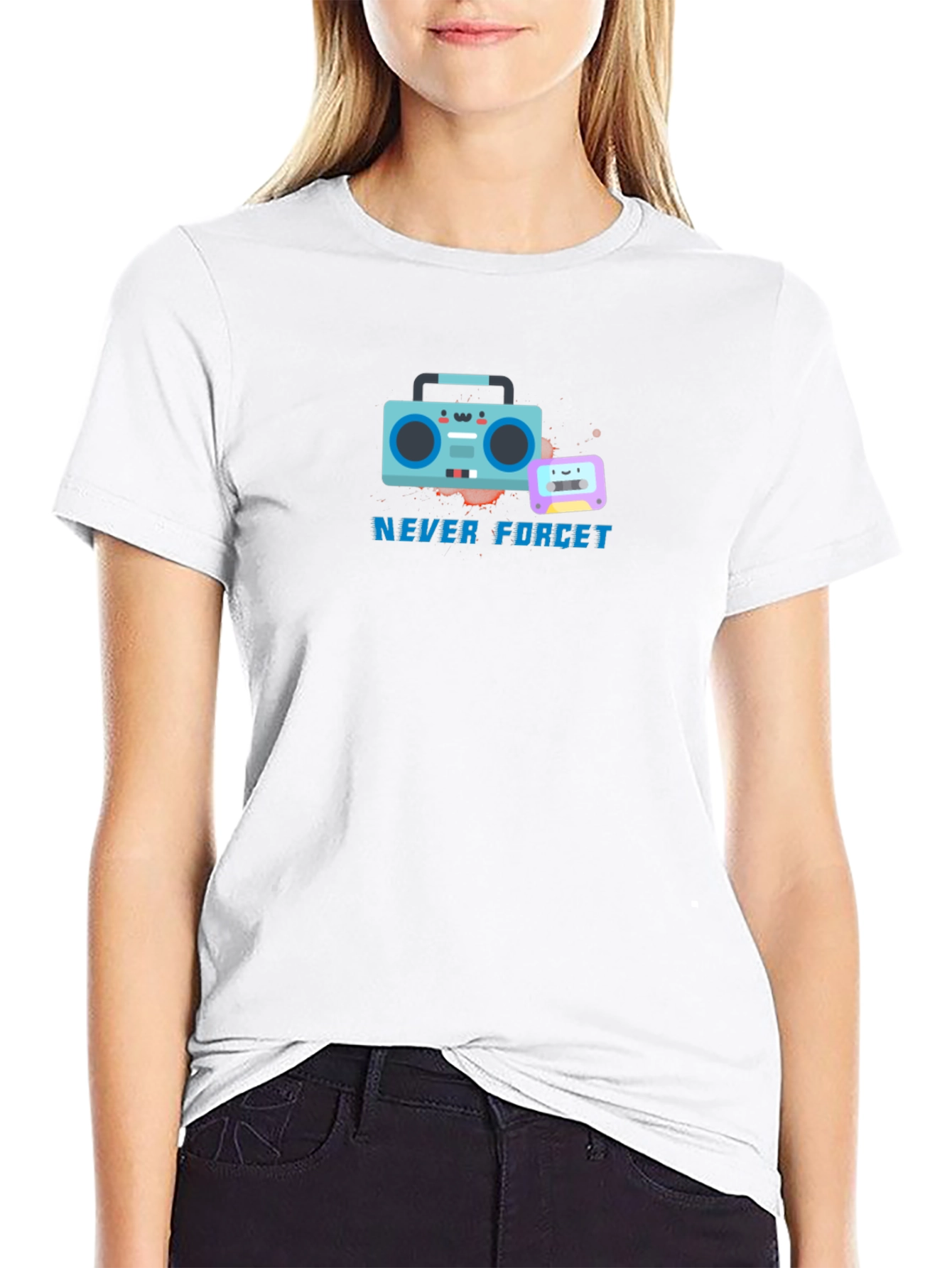 Retro Boombox & Cassette Never Forget Black T-Shirt