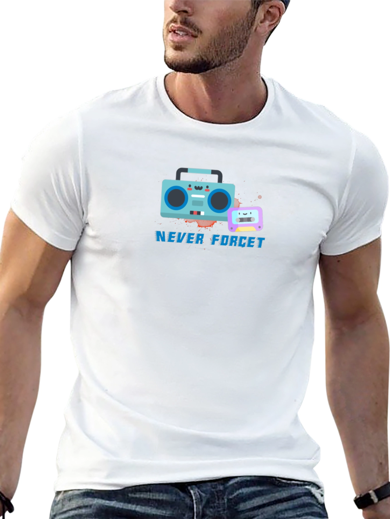 Retro Boombox & Cassette Never Forget Black T-Shirt