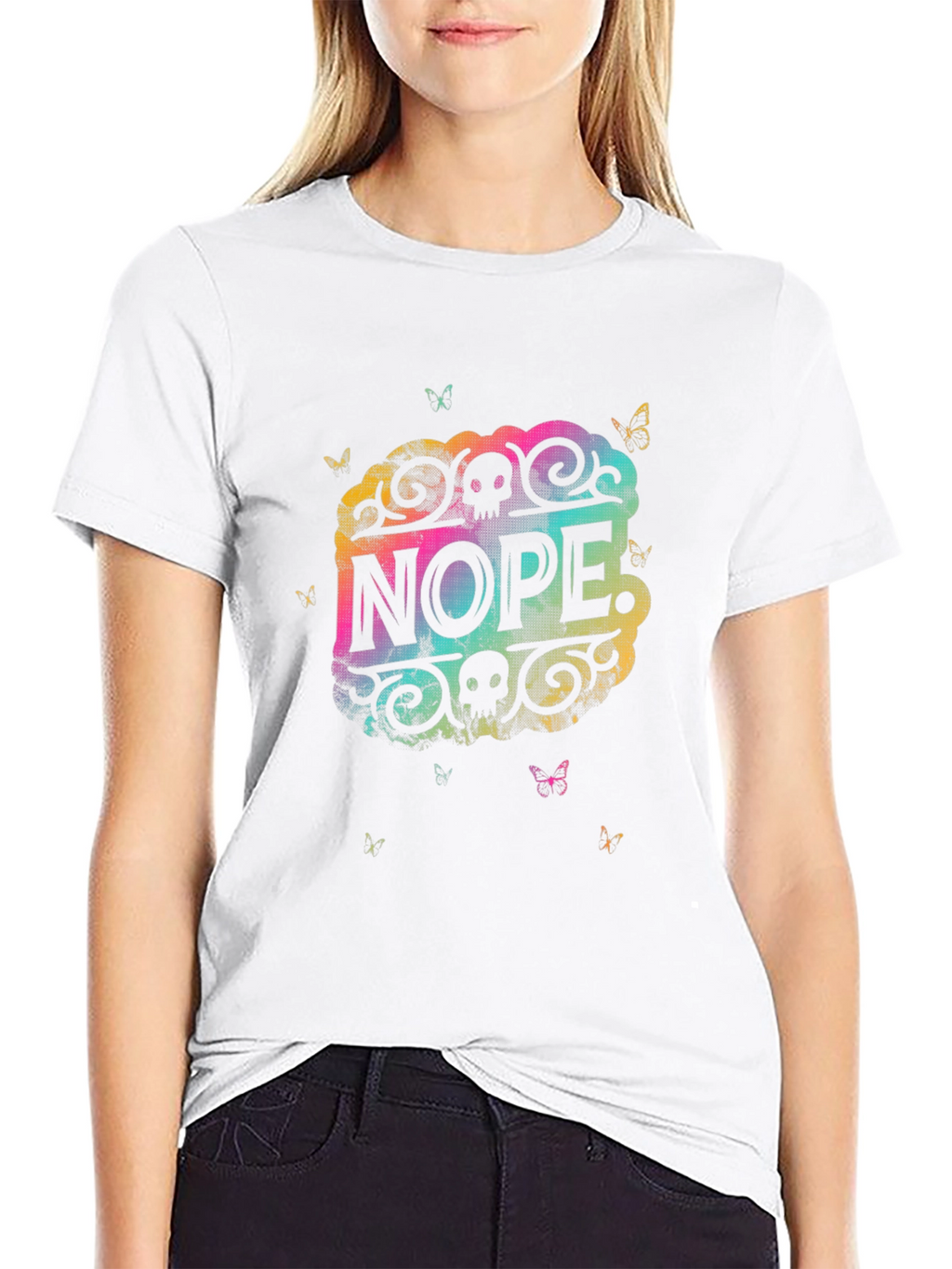 Nope Graphic Tee - Rainbow Skull Butterfly Design
