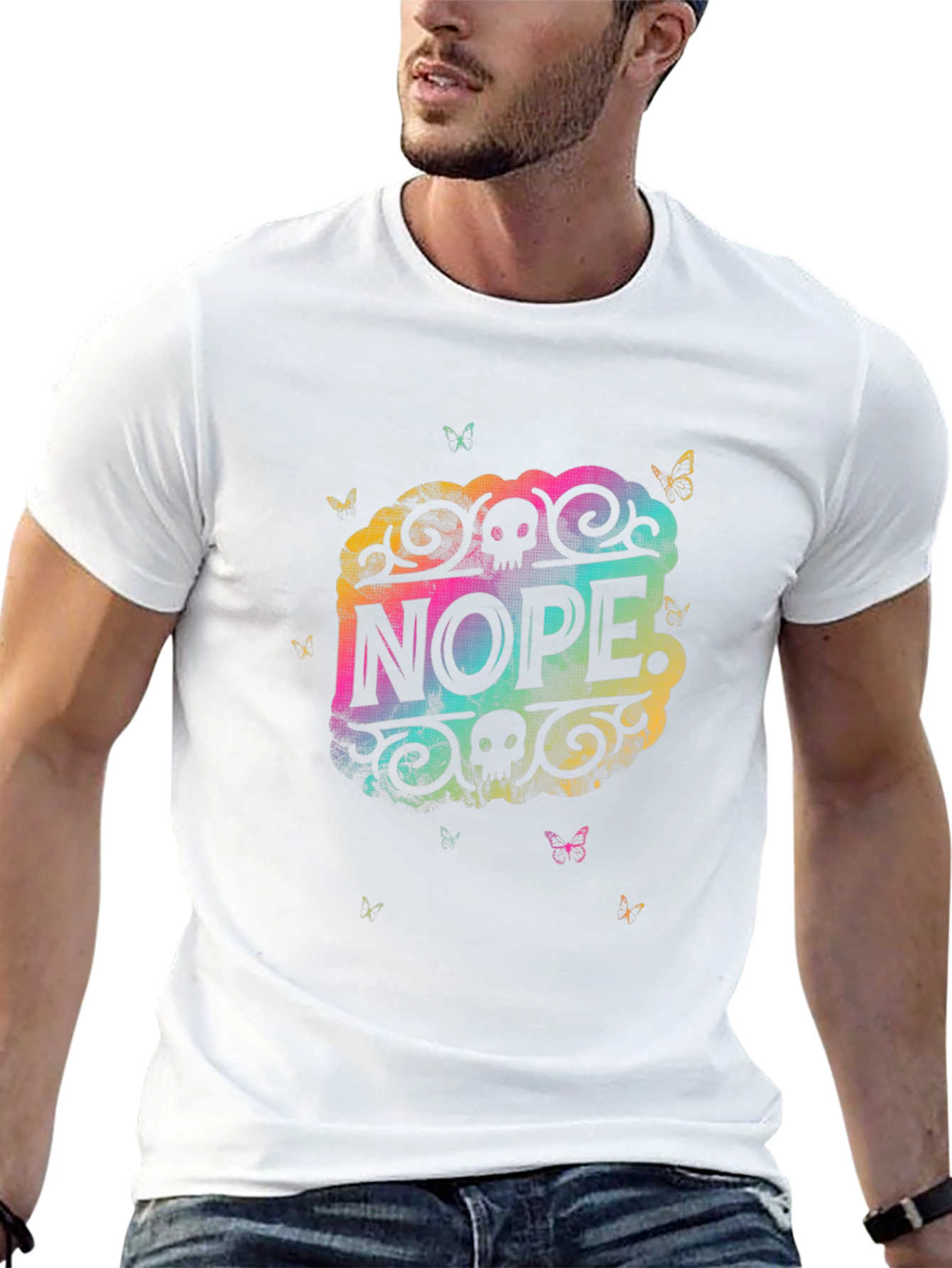 Nope Graphic Tee - Rainbow Skull Butterfly Design