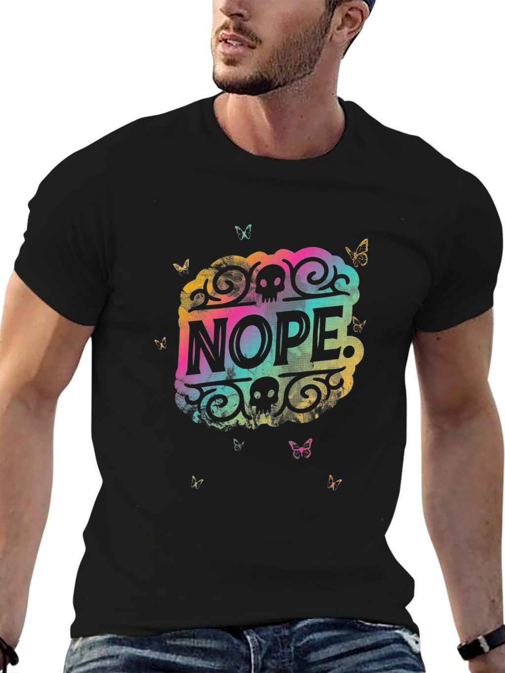Nope Graphic Tee - Rainbow Skull Butterfly Design