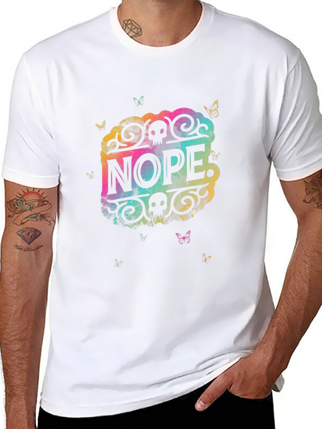 Nope Graphic Tee - Rainbow Skull Butterfly Design
