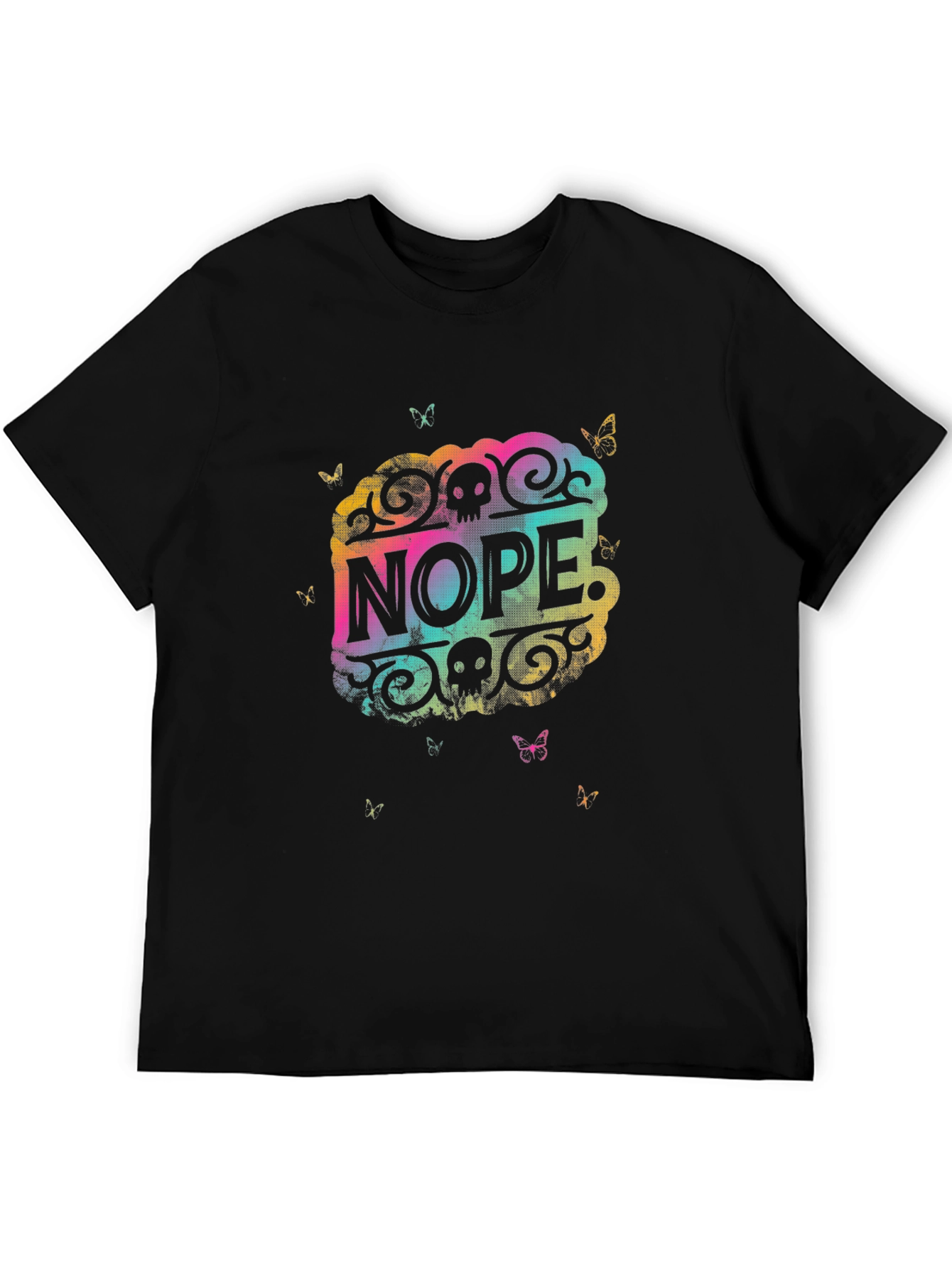 Nope Graphic Tee - Rainbow Skull Butterfly Design
