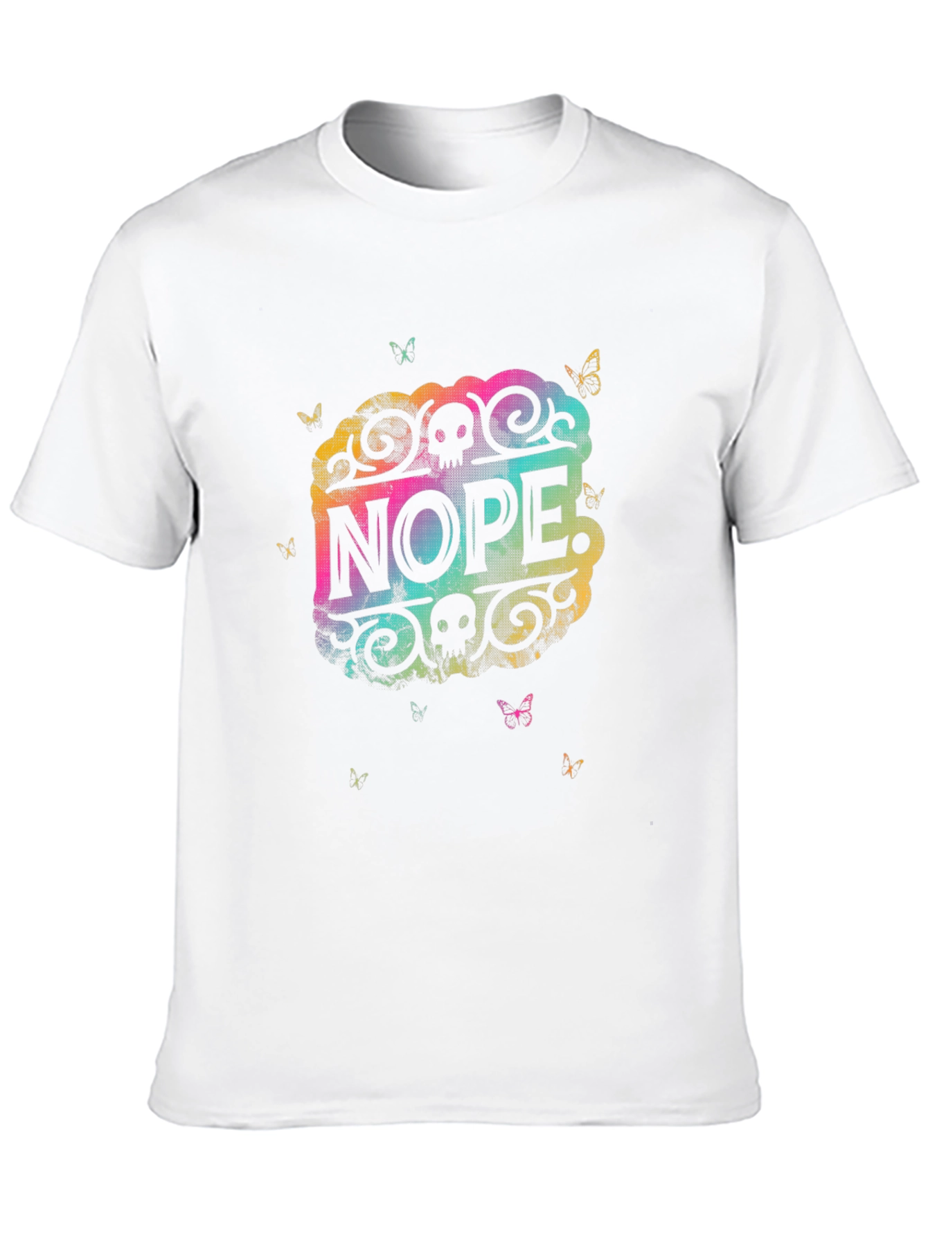 Nope Graphic Tee - Rainbow Skull Butterfly Design
